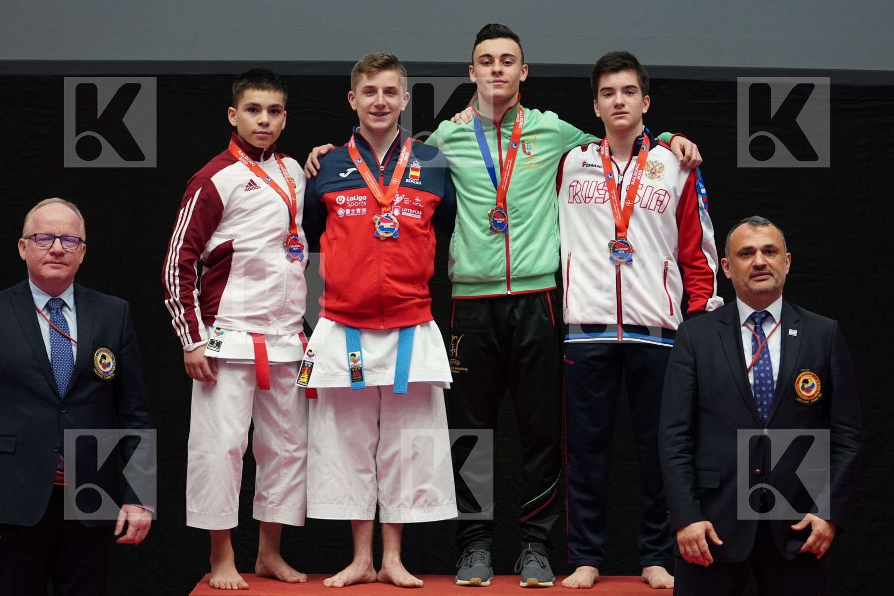 BARDOS ADAM (HUNGARY), BALBUENA CISNEROS SALVADOR (SPAIN), SOUSA MARTIM (PORTUGAL), RODRIGES YANOVITSKIY ANTONIO (RUSSIAN FEDERATION) in Cadet Kata Male - podium