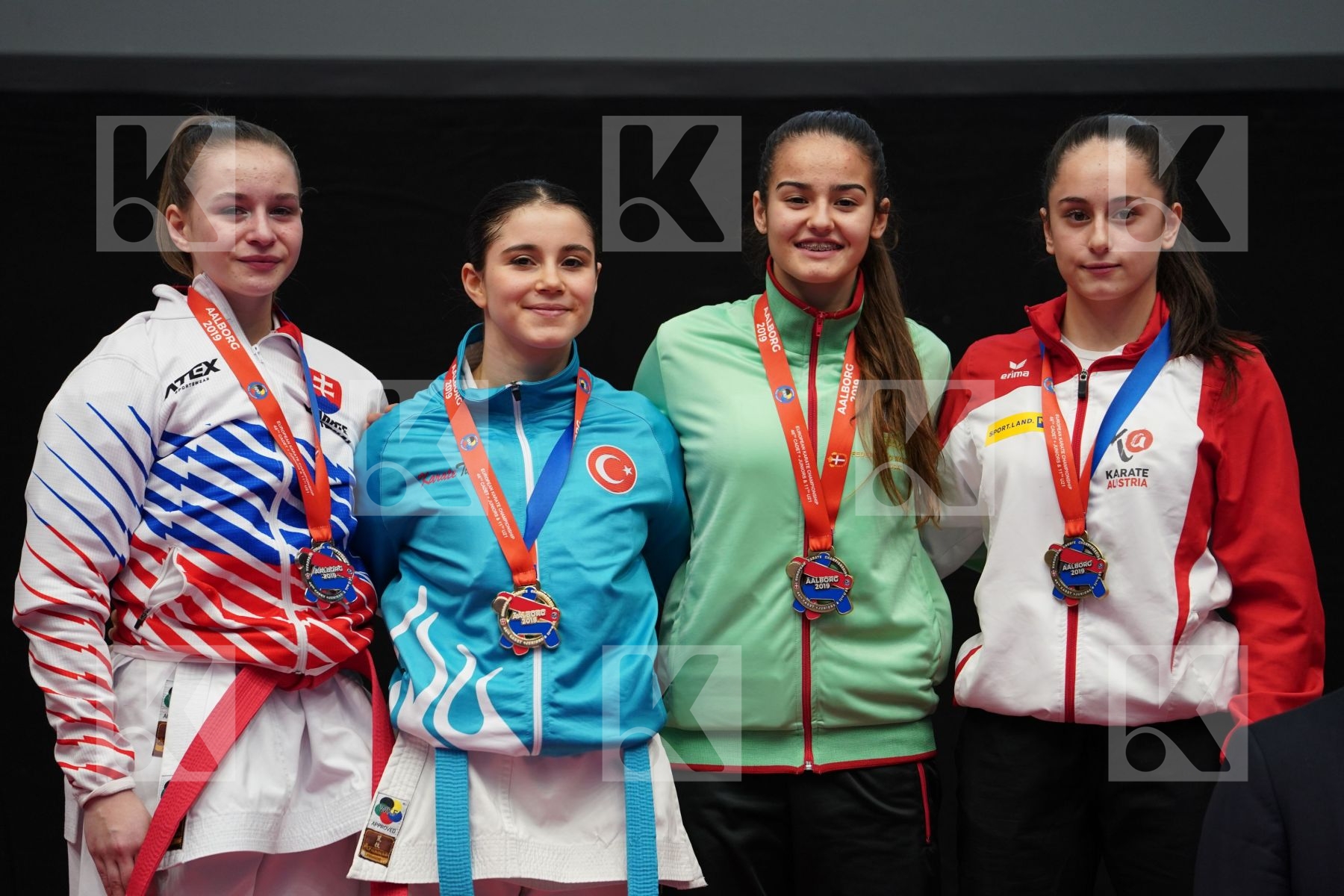 CUKANOVA MICHAELA (SLOVAKIA), VARDAR MENEKSE (TURKEY), FERNANDES NATACHA (PORTUGAL), CELO ISRA (AUSTRIA) in Cadet Kata Female - podium