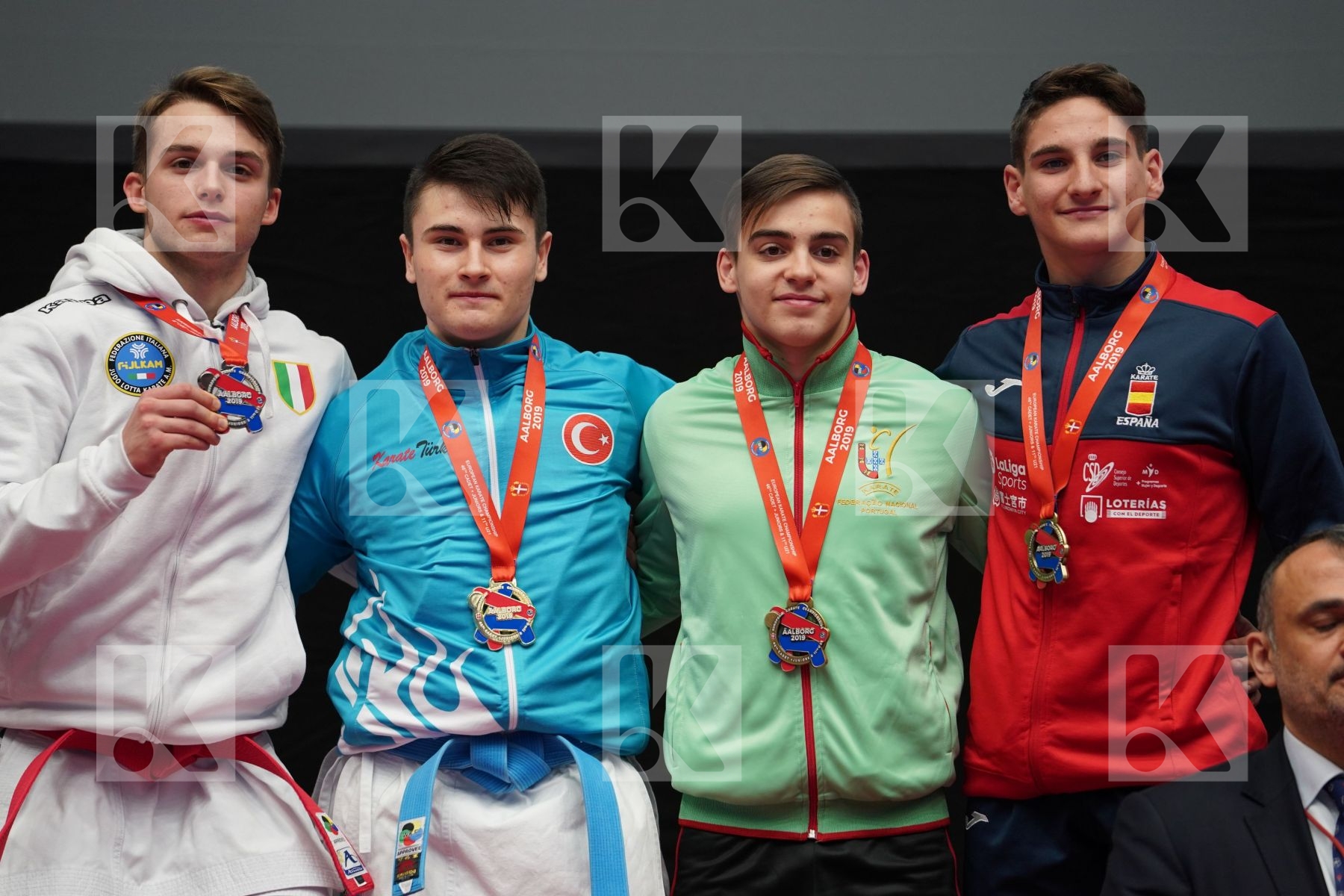 CRICCO ALESSANDRO (ITALY), OZDEMIR ENES (TURKEY), CARVALHO PEDRO (PORTUGAL), MARTIN ROMERO RAUL (SPAIN) in Junior Kata Male - podium