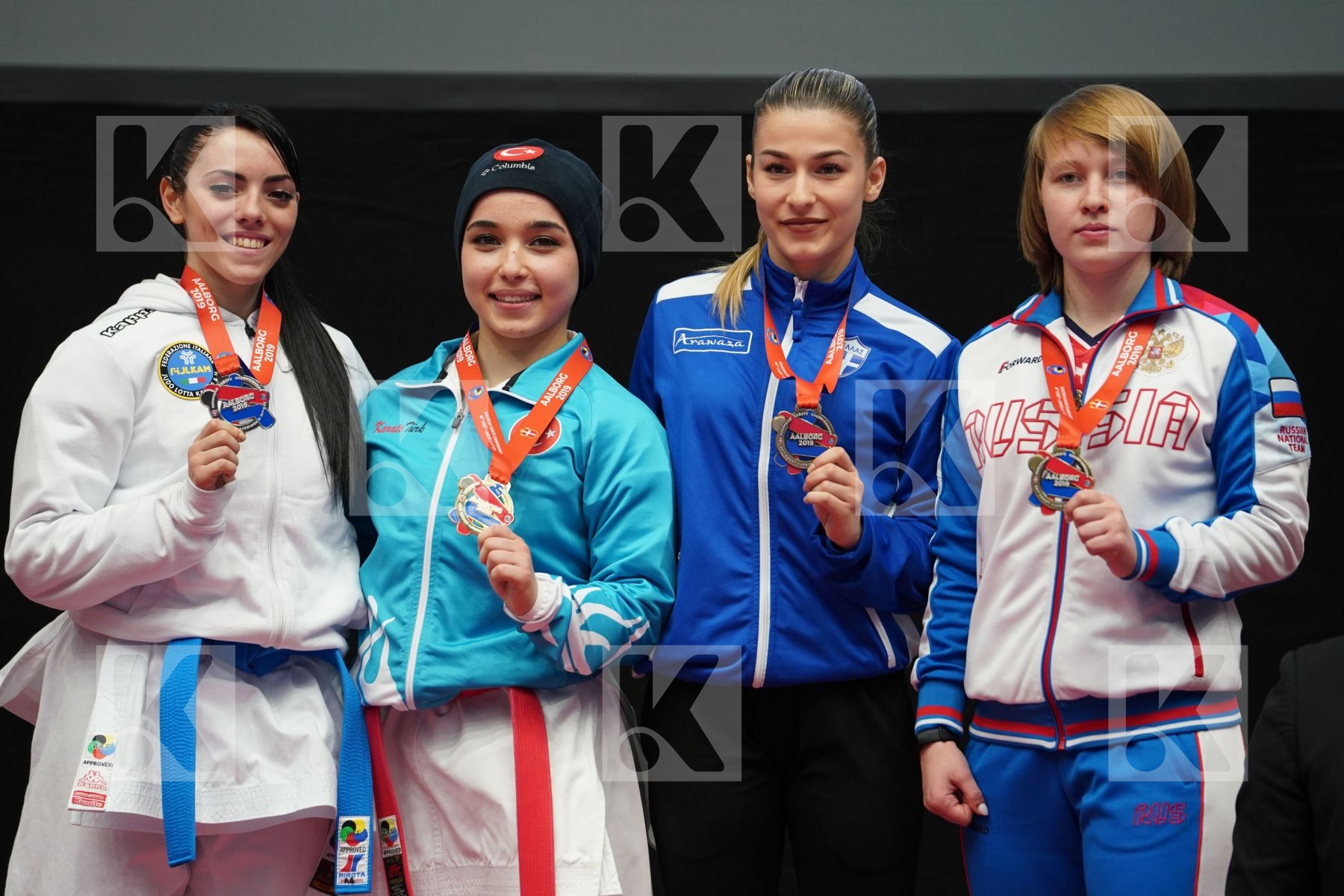 COLAK KEYDA NUR (TURKEY), SOLDANO SARA (ITALY), ZERVOU NIKOLETA (GREECE), SHCHERBINA ANNA (RUSSIAN FEDERATION) in Junior Kata Female - podium