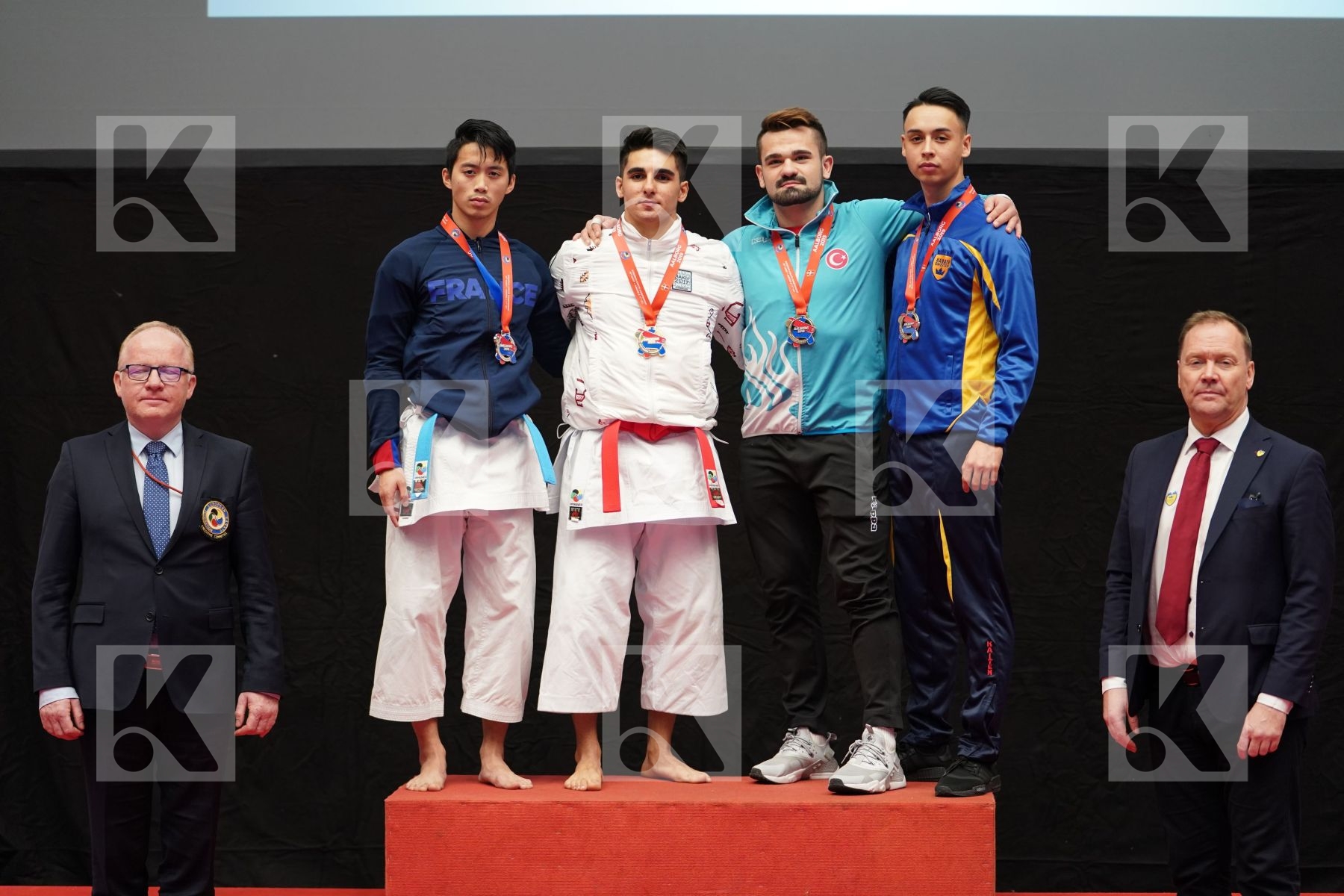 HEYDAROV ROMAN (AZERBAIJAN), NGOAN FRANCK (FRANCE), TRUONG KHAI (SWEDEN), GOKTAS EMRE VEFA (TURKEY) in Under 21 Kata Male - podium