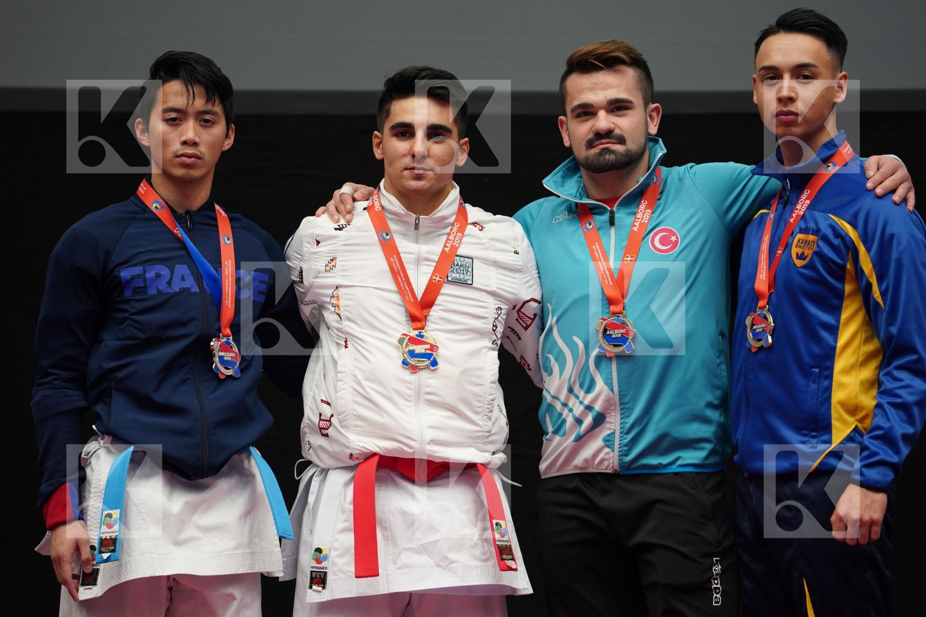 HEYDAROV ROMAN (AZERBAIJAN), NGOAN FRANCK (FRANCE), TRUONG KHAI (SWEDEN), GOKTAS EMRE VEFA (TURKEY) in Under 21 Kata Male - podium