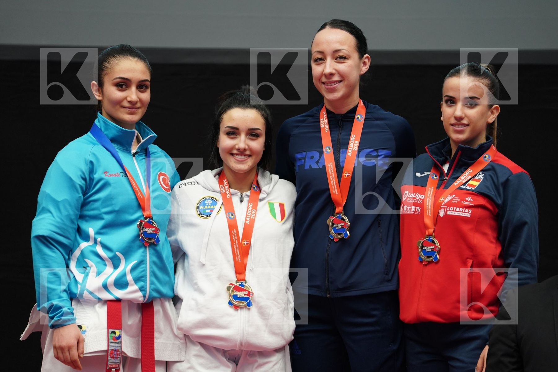 KOC ARZU FIRDEVS (TURKEY), CASALE CAROLA (ITALY), FERACCI LAETITIA (FRANCE), ROY RUBIO RAQUEL (SPAIN) in Under 21 Kata Female - podium