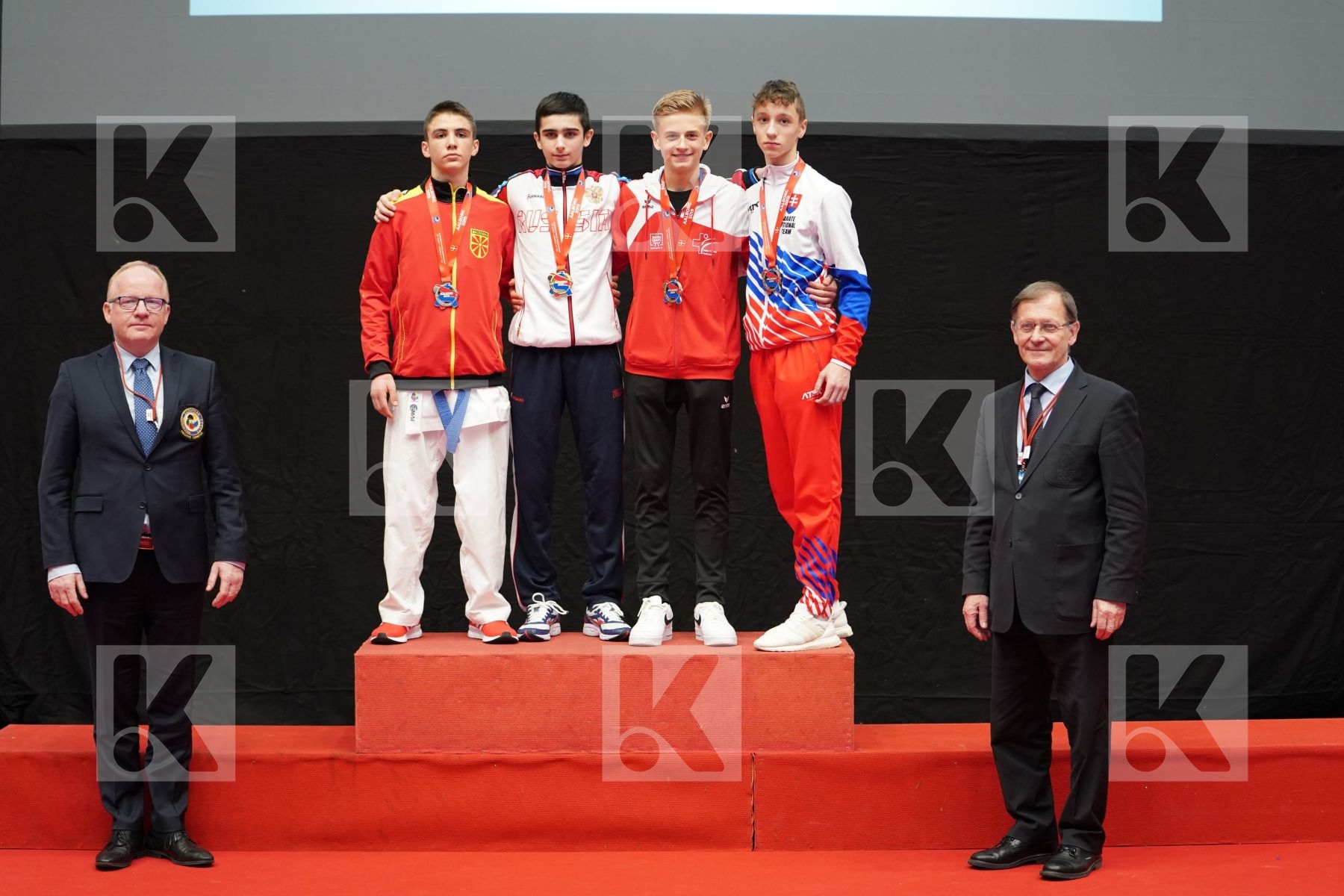 AKHMEDOV AKHMED (RUSSIAN FEDERATION), KOSTOV BOJAN (FYR OF MACEDONIA), CERNICKY JAKUB (SLOVAKIA), SCHEUER TIM (SWITZERLAND) in Cadet Kumite Male -52 Kg - podium