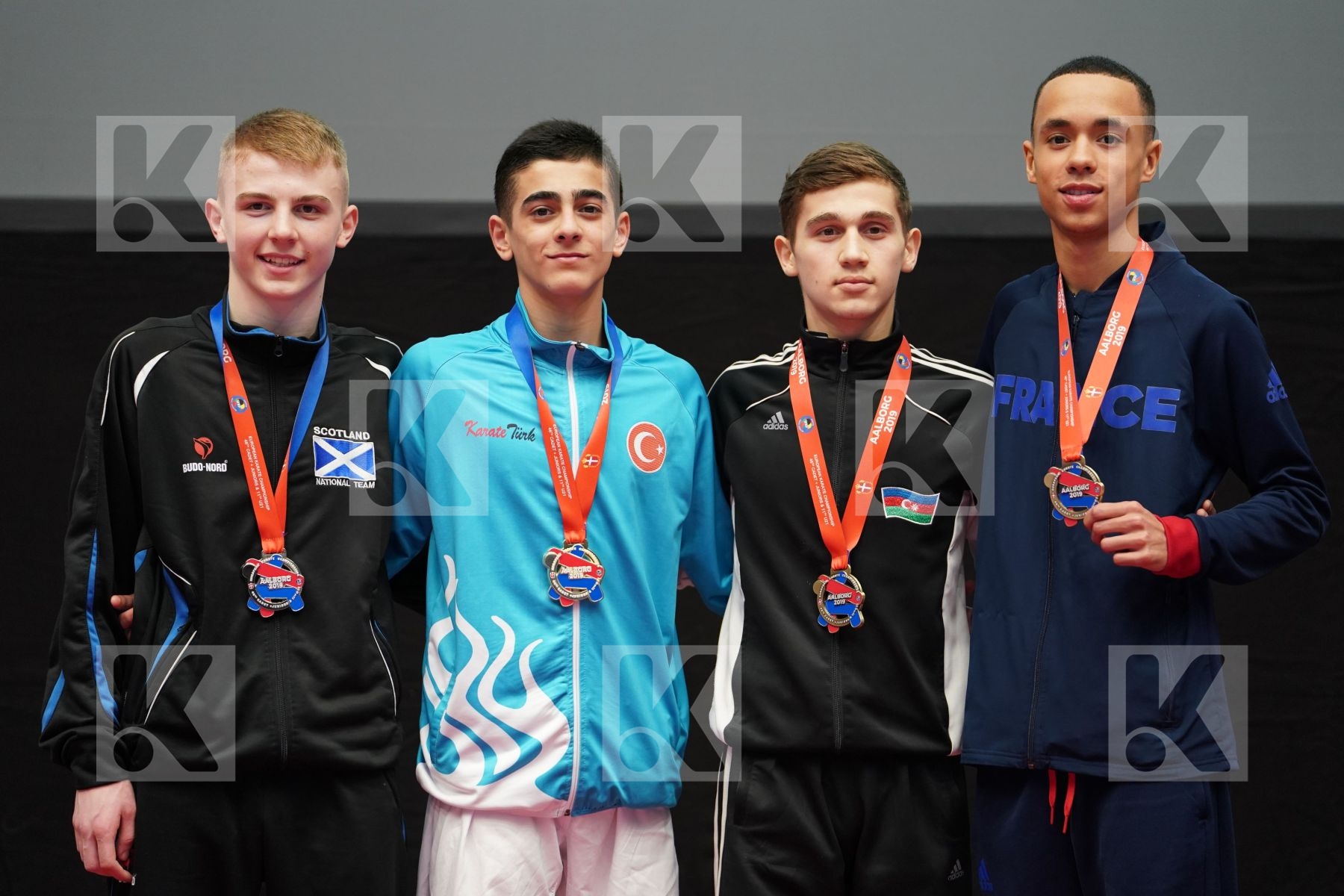 SMART JACOB (SCOTLAND), YURUR OMER FARUK (TURKEY), DE BARROS DAMIEN (FRANCE), MAMMADLI HUSEYN (AZERBAIJAN) in Cadet Kumite Male Ð 57 Kg - podium