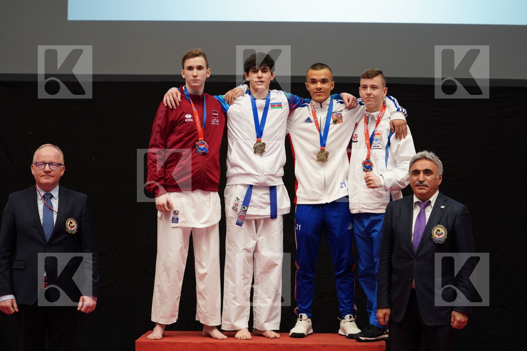 GAIDUK LEON (LATVIA), YAGUBOV TALE (AZERBAIJAN), PHILLIPEN GINO (NETHERLANDS), KOCANDRLE DOMINIK (CZECH REPUBLIC) in Cadet Kumite Male Ð 63 Kg - podium