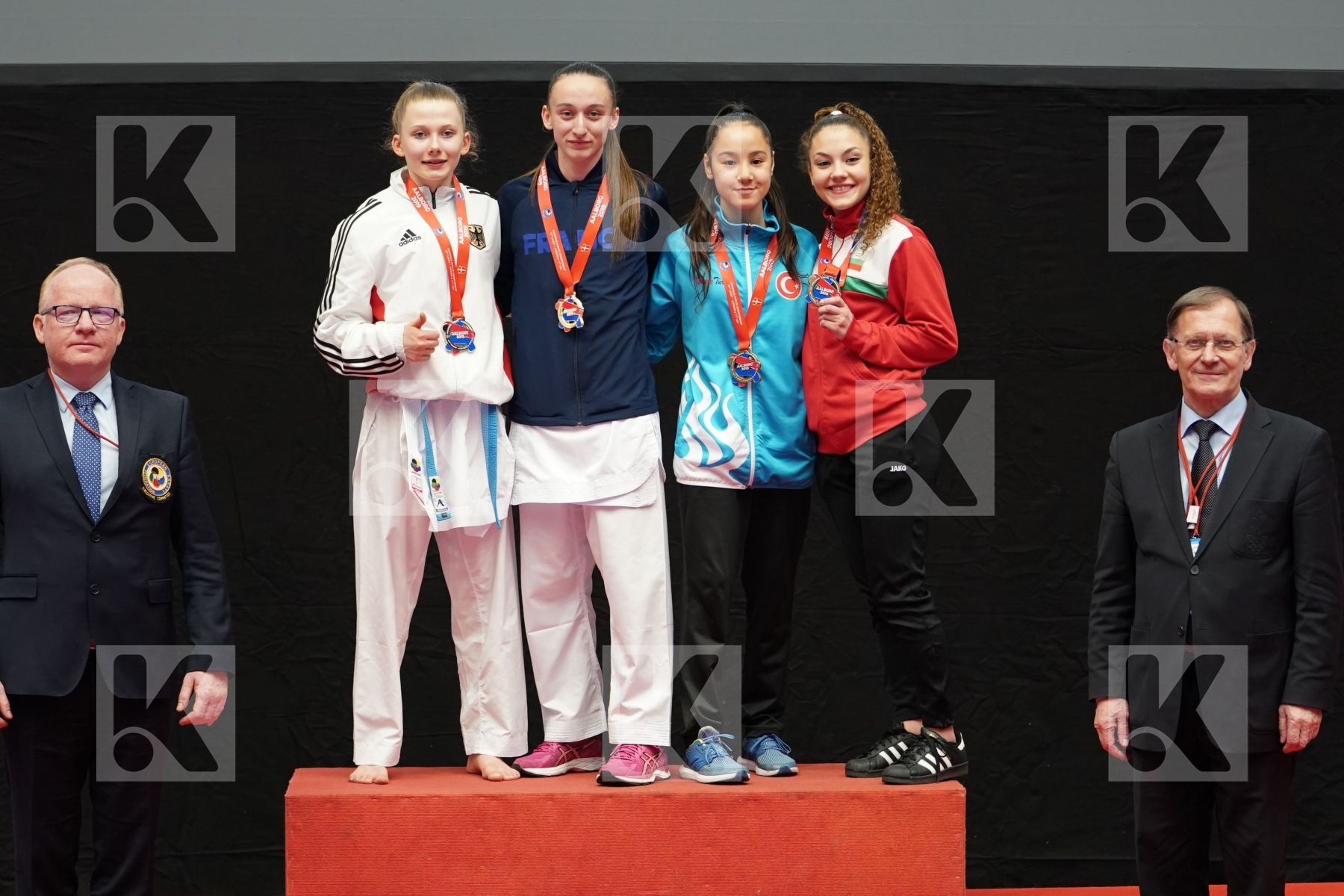 SOULIER MARGOT (FRANCE), STEIN RENEE (GERMANY), TSVETANOVA KRISTINA (BULGARIA), OZDEMIR MUSERREF (TURKEY) in Cadet Kumite Female -47 Kg - podium