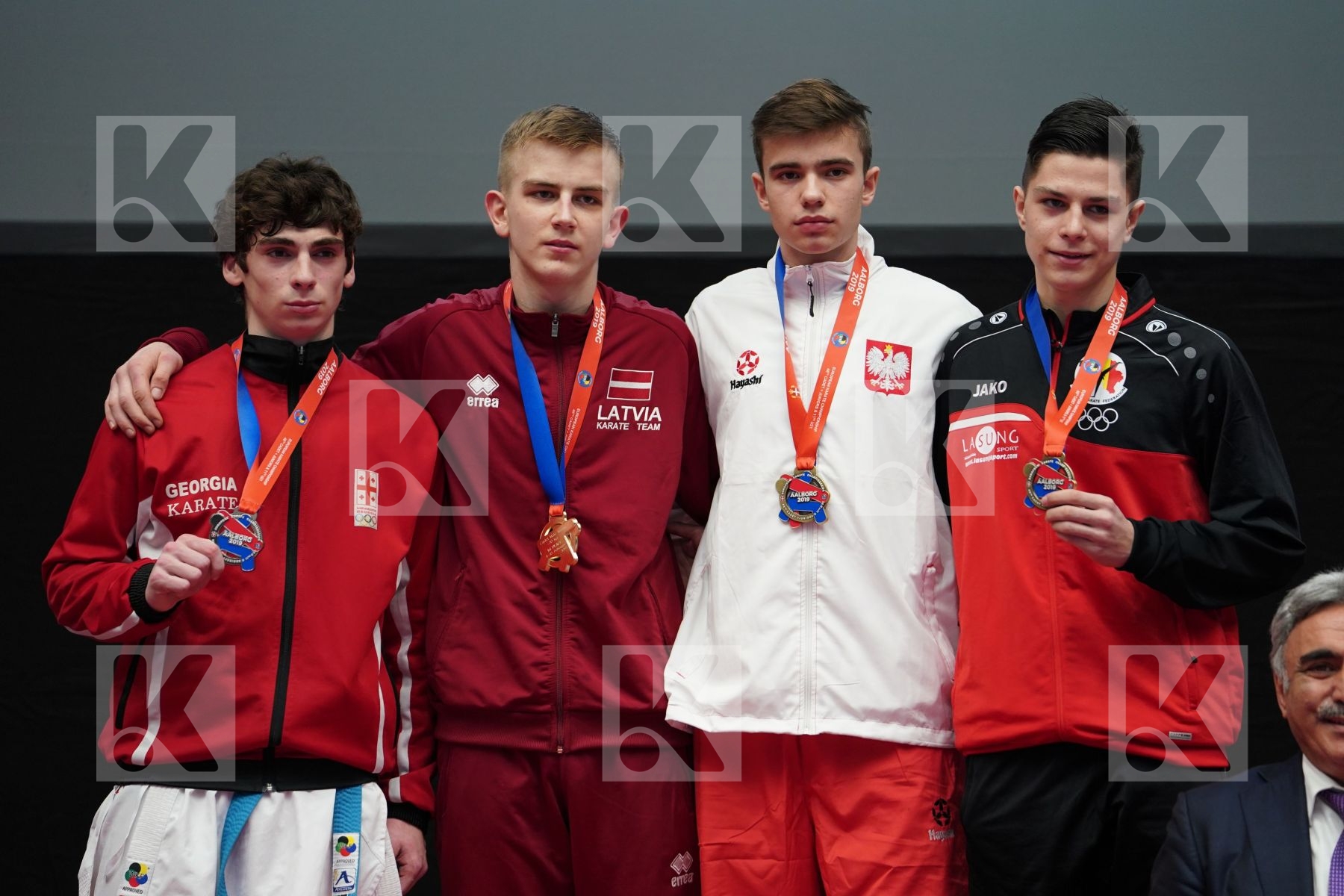 JERMOLAEV ARTJOM (LATVIA), MANIA SABA (GEORGIA), ANISIMOV DANYIL (BELGIUM), JAROCKI HUBERT (POLAND) in Cadet Kumite Male Ð 70 Kg - podium