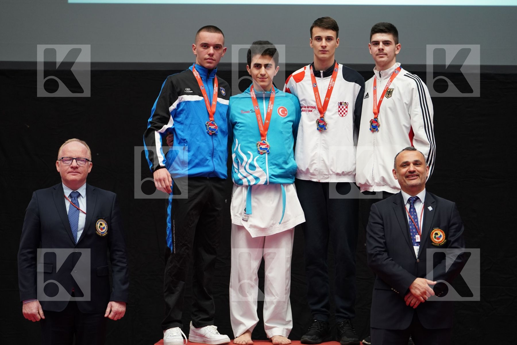 GASHI MELOS (KOSOVO), BULUT AHMET (TURKEY), PAPASTERGIOS KONSTANTINOS (GERMANY), CIPRIC LUKA STEFANO (CROATIA) in Cadet Kumite Male 70+ Kg - podium