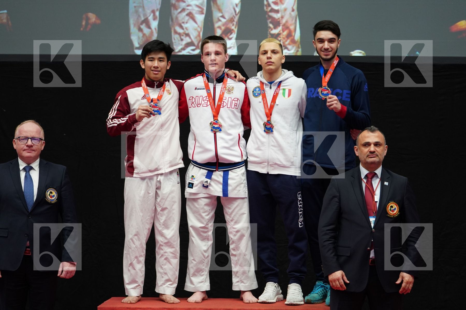 NGUYEN HOANG AN (HUNGARY), TALDYKIN VLADISLAV (RUSSIAN FEDERATION), LAMOTTE YANIS (FRANCE), DE VIVO DANIELE (ITALY) in Junior Kumite Male Ð 68 Kg - podium