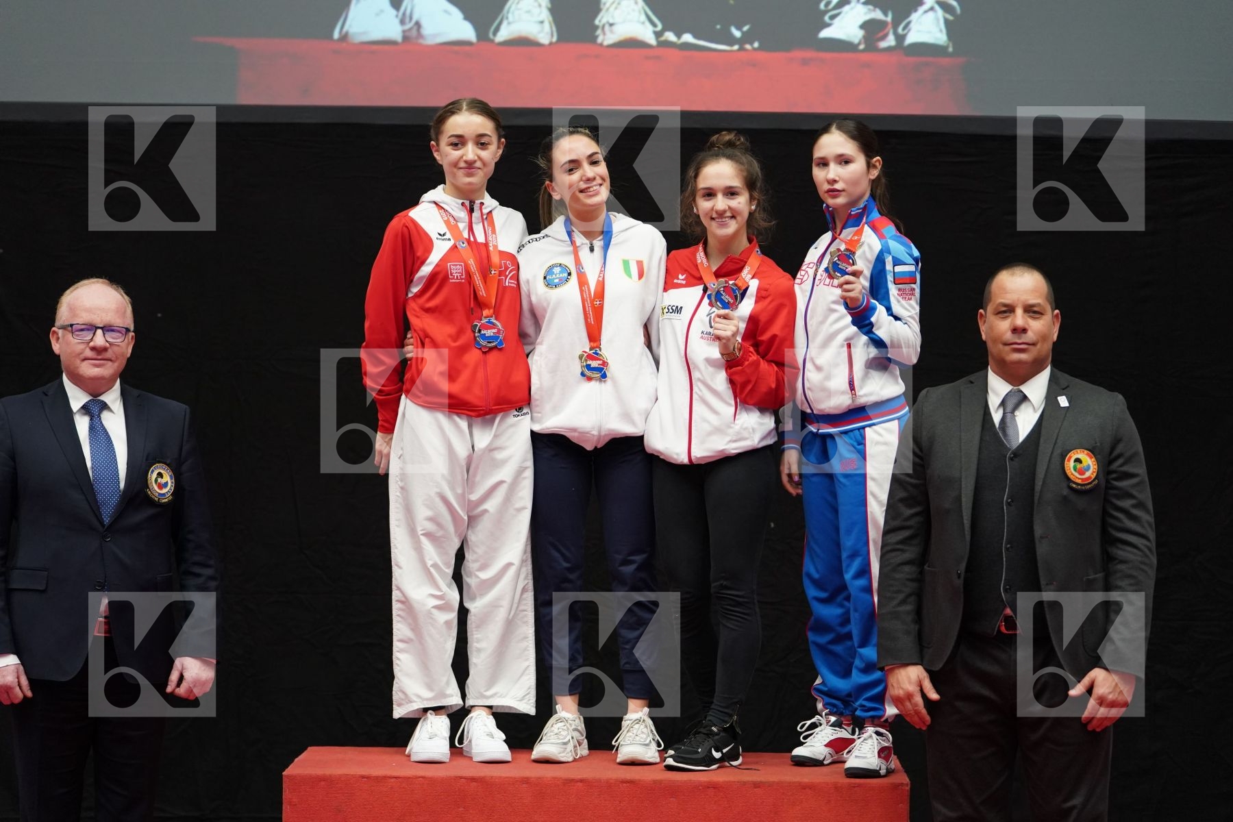 AGUS ASIA (ITALY), VOEGELIN FLORENCE (SWITZERLAND), GRUJIC ALEKSANDRA (AUSTRIA), SAMOKISHA ANGELINA (RUSSIAN FEDERATION) in Junior Kumite Female -48 Kg - podium
