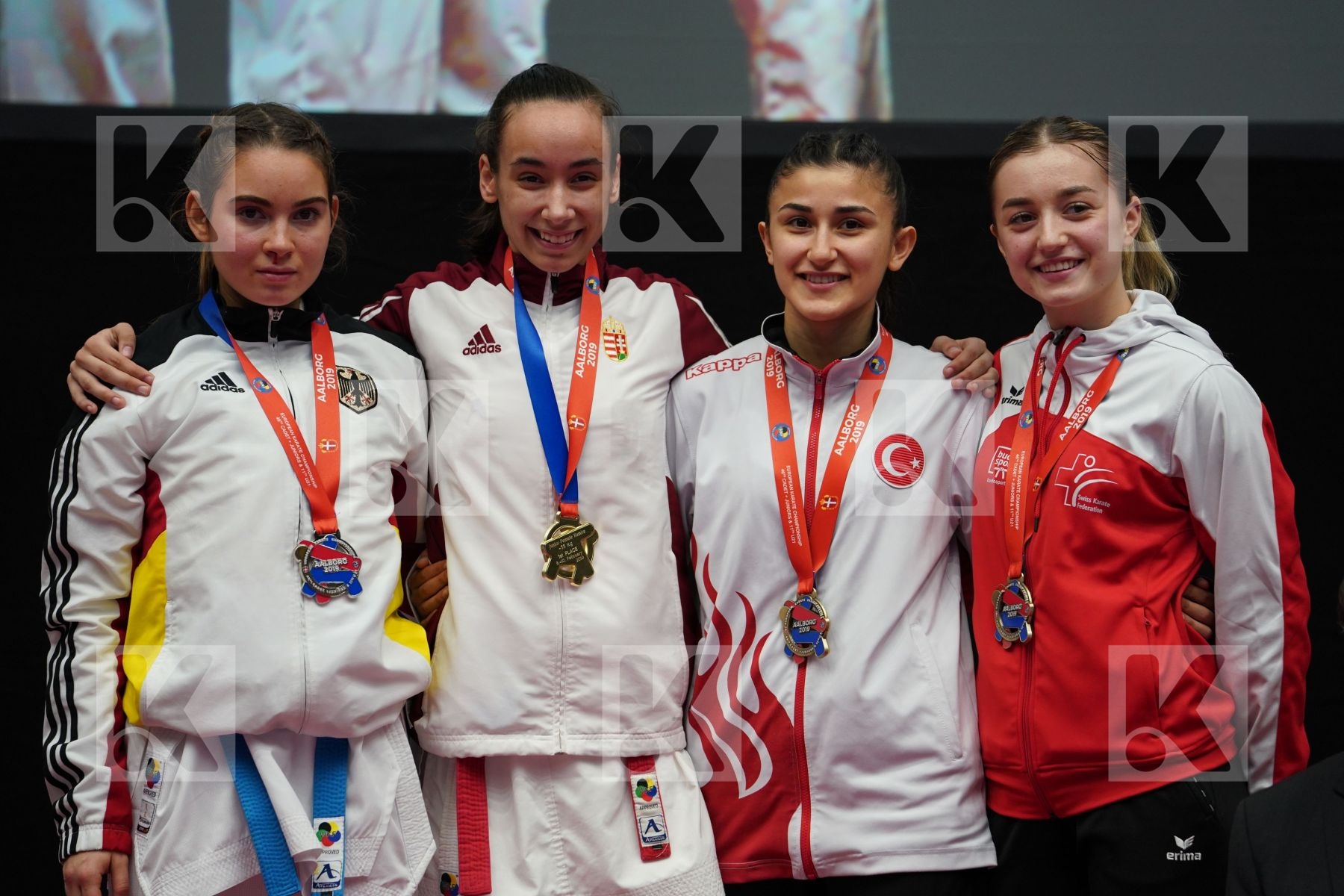 ILANKOVIC ALEKSANDRA (HUNGARY), AUGEL JILL (GERMANY), OCAK DAMLA (TURKEY), VOEGELIN AMELIE (SWITZERLAND) in Junior Kumite Female -53Kg - podium