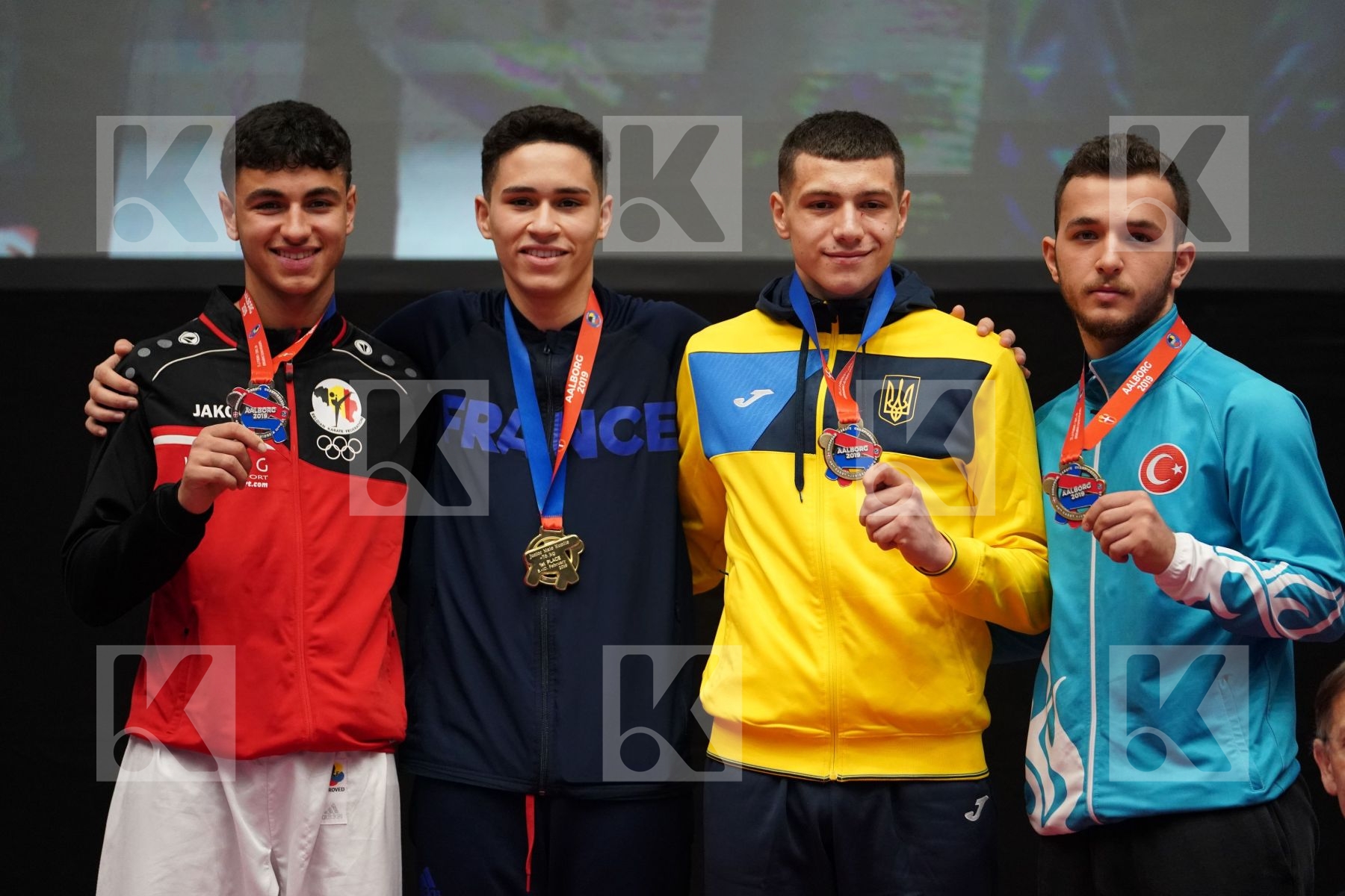 HOUNIFA ILIAS (BELGIUM), ABDESSELEM RAYBAK (FRANCE), ZAPLITNYI ANDRII (UKRAINE), ARSLAN HASAN (TURKEY) in Junior Kumite Male Ð 76 Kg - podium