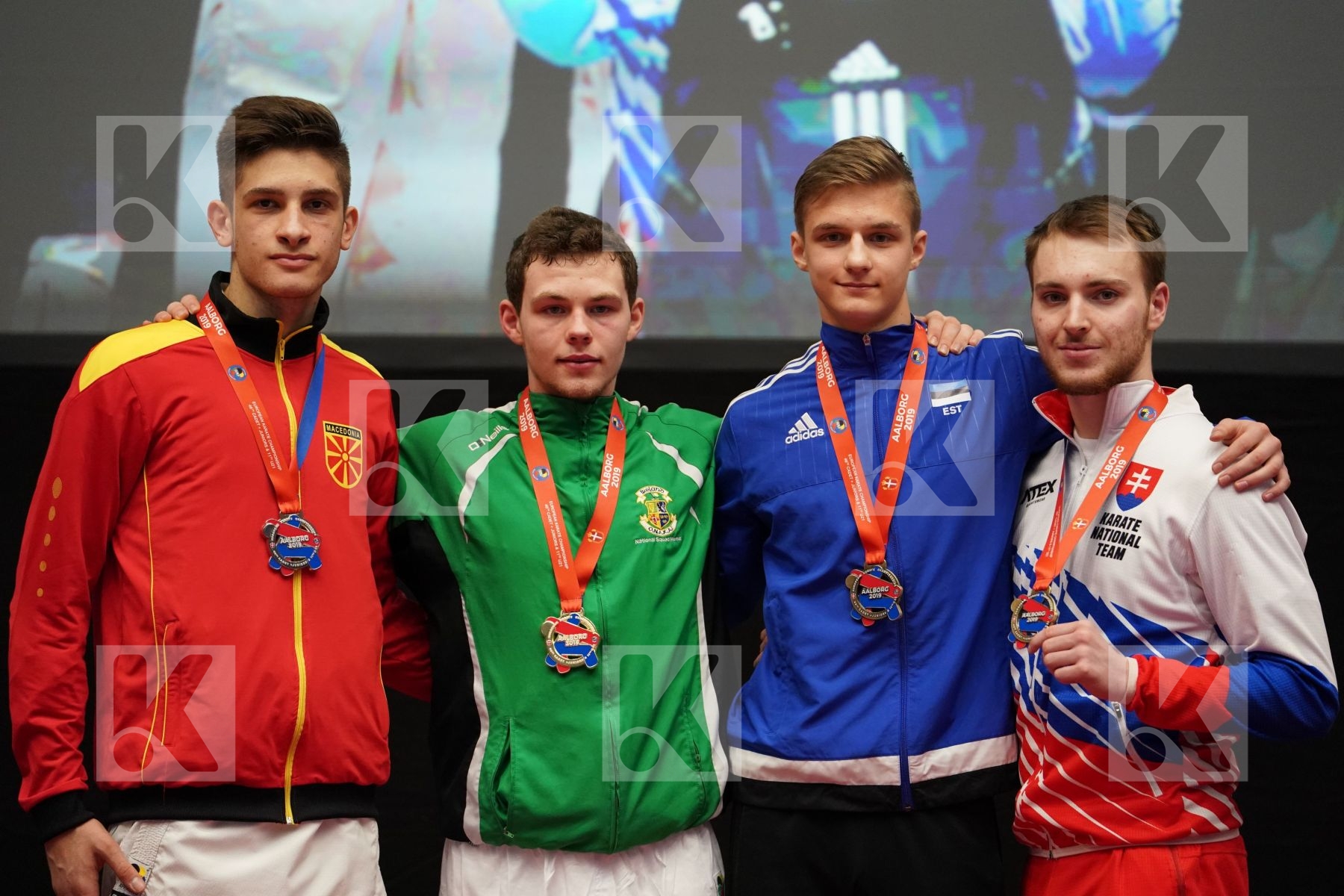 PETKOV GLIGOR (FYR OF MACEDONIA), CREAN CHRISTOPHER MC CARTHY (IRELAND), KOSA TOMAS (SLOVAKIA), BARANOV ALBERT (ESTONIA) in Junior Kumite Male 76+ Kg - podium
