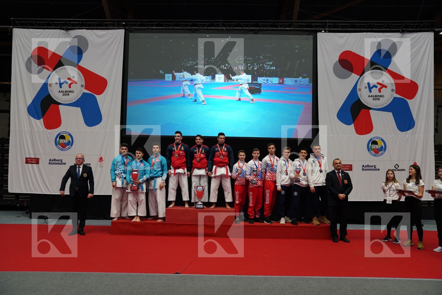 TURKEY, SPAIN, SLOVAKIA, ITALY in Cadet & Junior Team Male Kata - podium