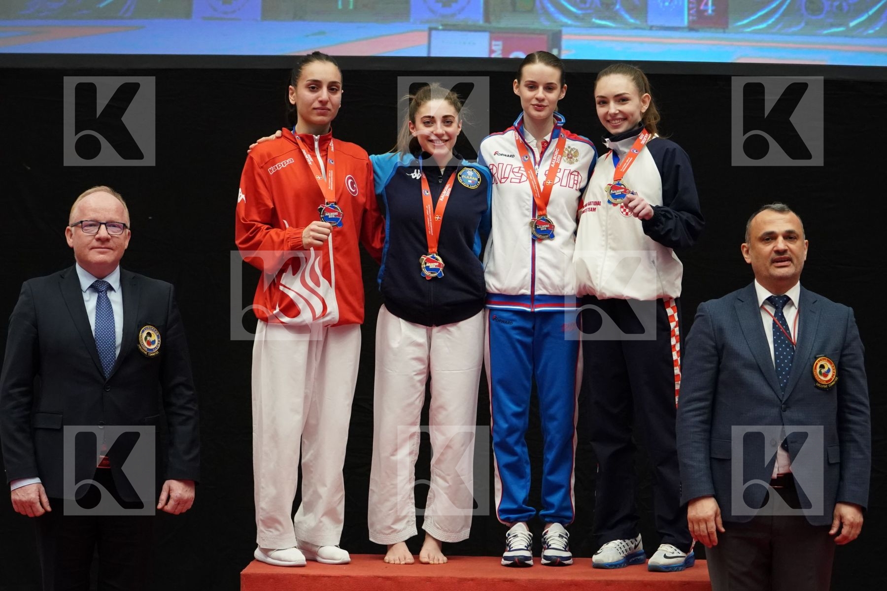 DEMIRTURK GULSEN (TURKEY), MURABITO NICOLE (ITALY), GRDENIC INES (CROATIA), SERGEEVA VALERIYA (RUSSIAN FEDERATION) in Under 21 Kumite Female -50 Kg - podium