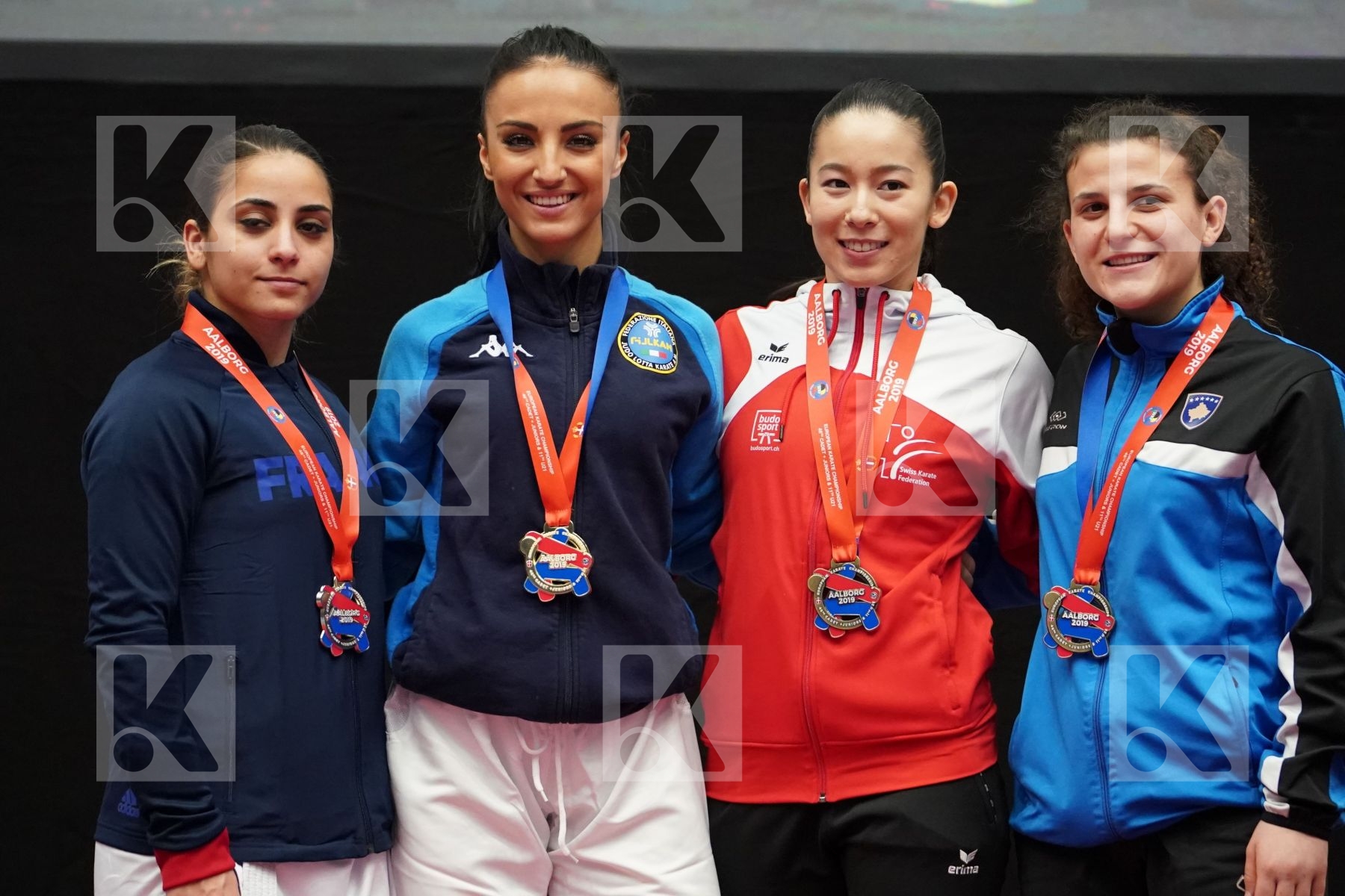 BRUNORI VERONICA (ITALY), HEURTAULT SARA (FRANCE), SCHAERER MAYA (SWITZERLAND), GERVALLA ALBULENA (KOSOVO) in Under 21 Kumite Female -55 Kg - podium
