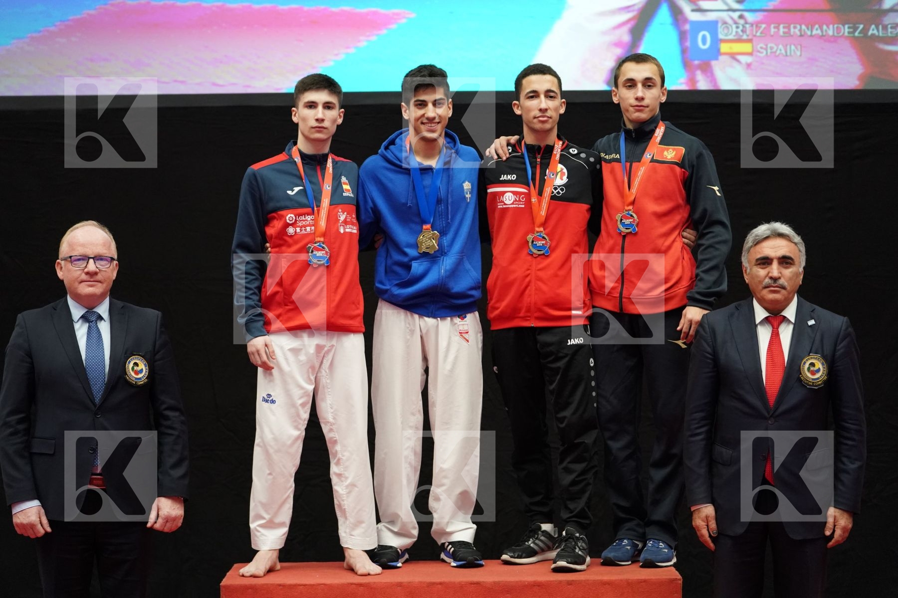 XENOS CHRISTOS-STEFANOS (GREECE), ORTIZ FERNANDEZ ALEJANDRO (SPAIN), DULOVIC NENAD (MONTENEGRO), BOUCHAHROUF YASSINE (BELGIUM) in Under 21 Kumite Male -60 Kg - podium