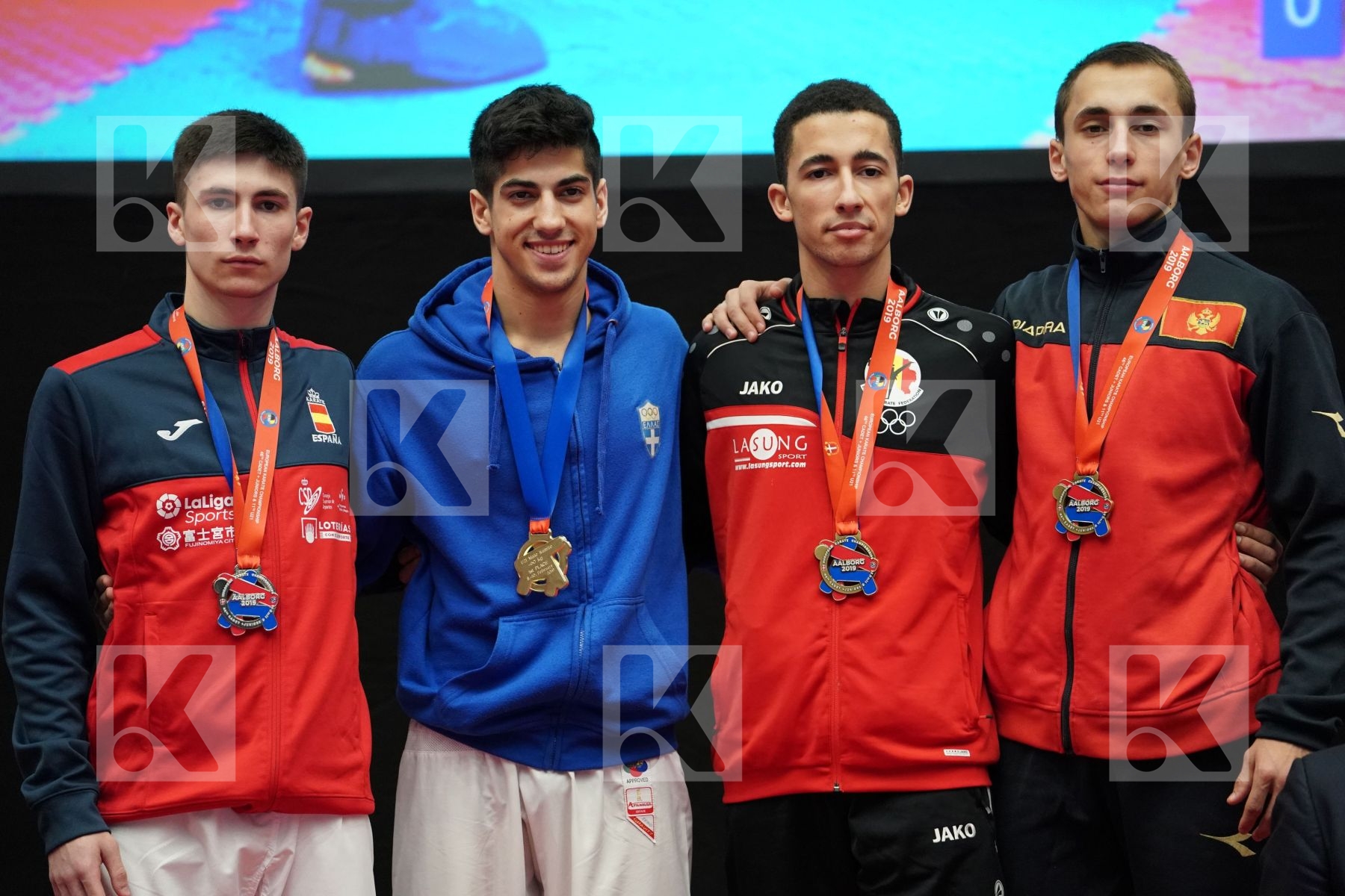 XENOS CHRISTOS-STEFANOS (GREECE), ORTIZ FERNANDEZ ALEJANDRO (SPAIN), DULOVIC NENAD (MONTENEGRO), BOUCHAHROUF YASSINE (BELGIUM) in Under 21 Kumite Male -60 Kg - podium