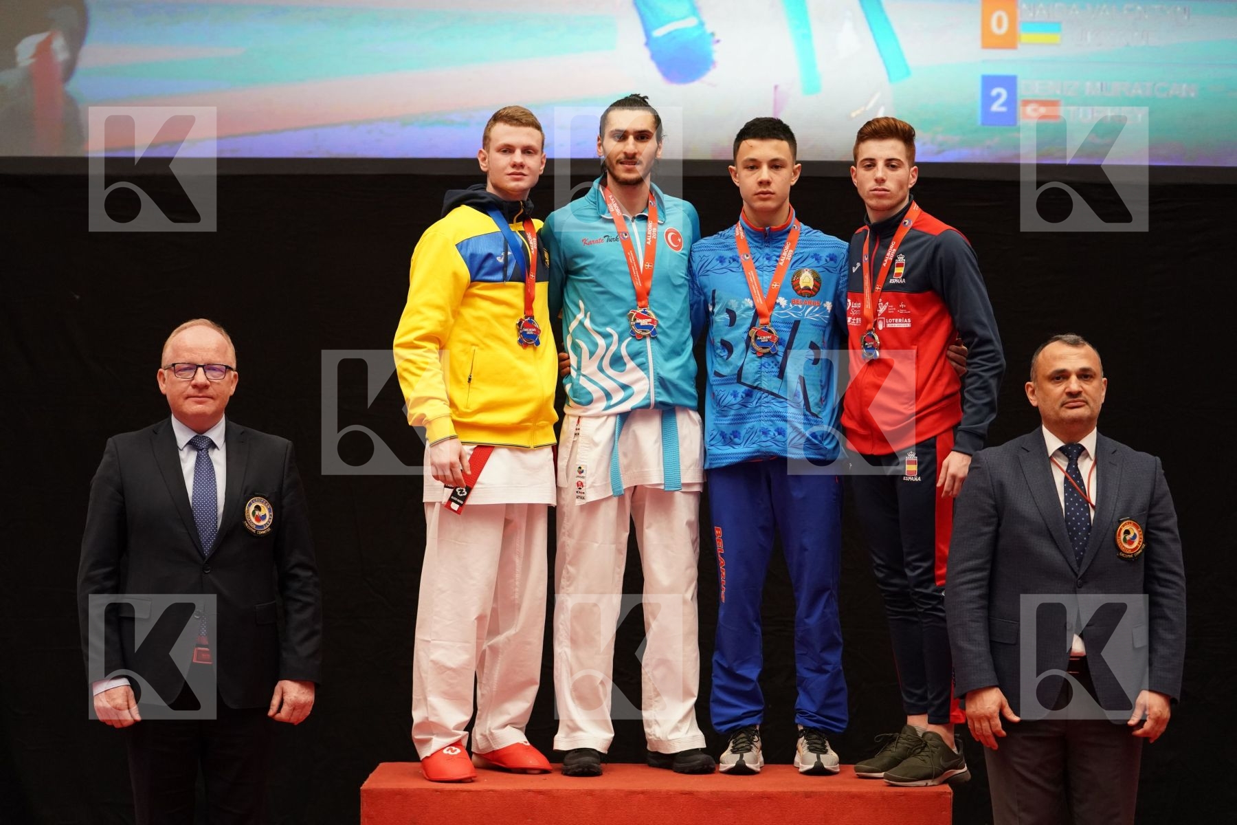 NAIDA VALENTYN (UKRAINE), DENIZ MURATCAN (TURKEY), NHUYEN DEVID (BELARUS), MARTIN GUIRADO DANIEL (SPAIN) in Under 21 Kumite Male -67 Kg - podium