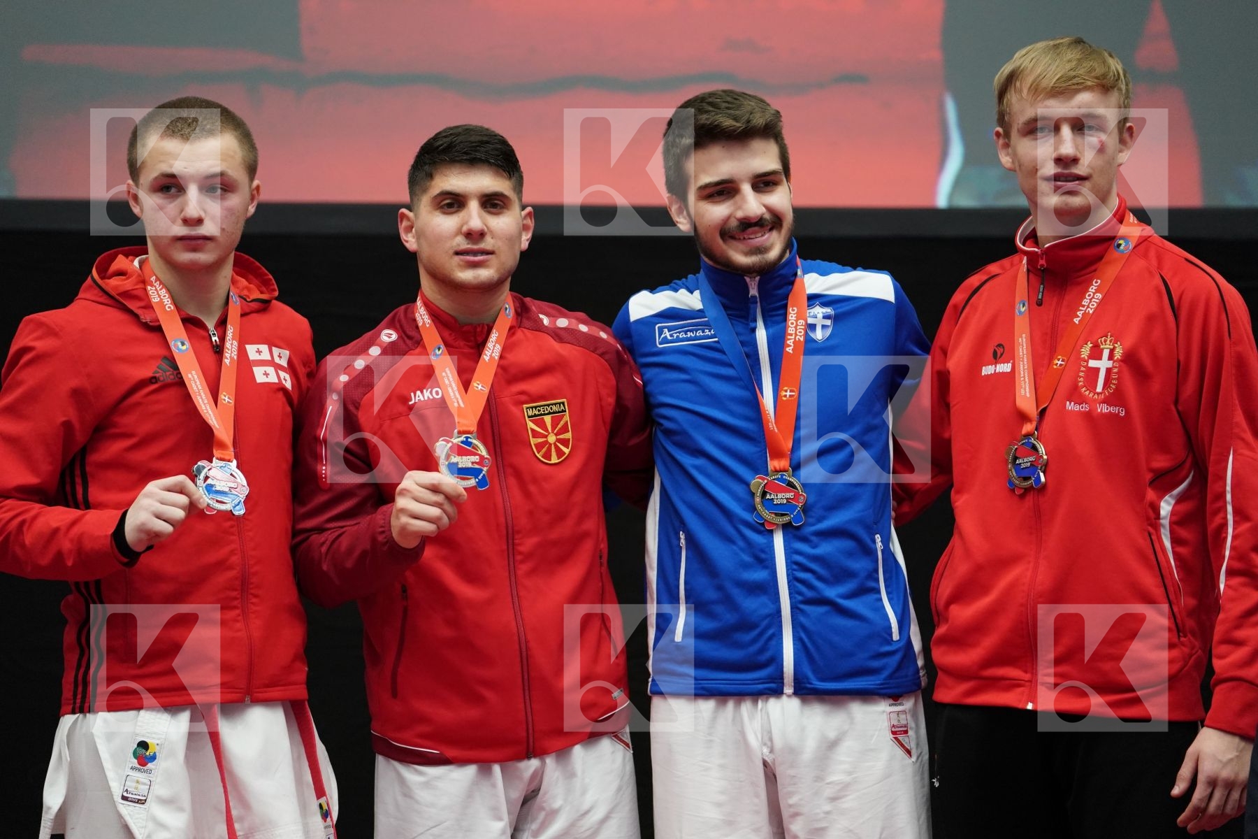 BELYAVSKY NIKITA (GEORGIA), OSMANI DOAN (FYR OF MACEDONIA), RIGAS DIMITRIOS (GREECE), VIBERG LARSEN MADS (DENMARK) in Under 21 Kumite Male -75 Kg - podium