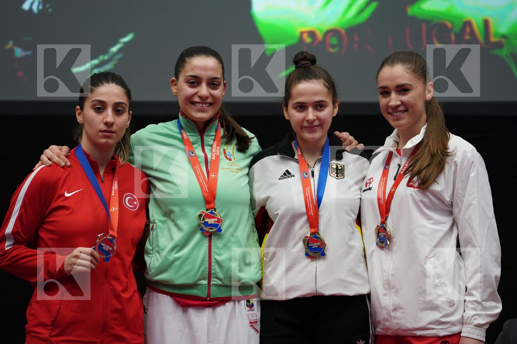 ELTEMUR EDA (TURKEY), OLIVEIRA ANA RITA (PORTUGAL), HARAST KINGA (POLAND), MIMOUNI SARAH LINA (GERMANY) in Under 21 Kumite Female 68+ Kg - podium
