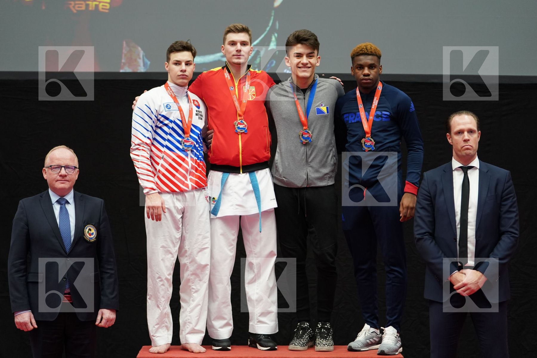 GYURIK ADI (SLOVAKIA), SPASENOVSKI PETAR (FYR OF MACEDONIA), CAJIC HAMZA (BOSNIA AND HERZEGOVINA), RELIFOX MAXIME (FRANCE) in Under 21 Kumite Male -84 Kg - podium