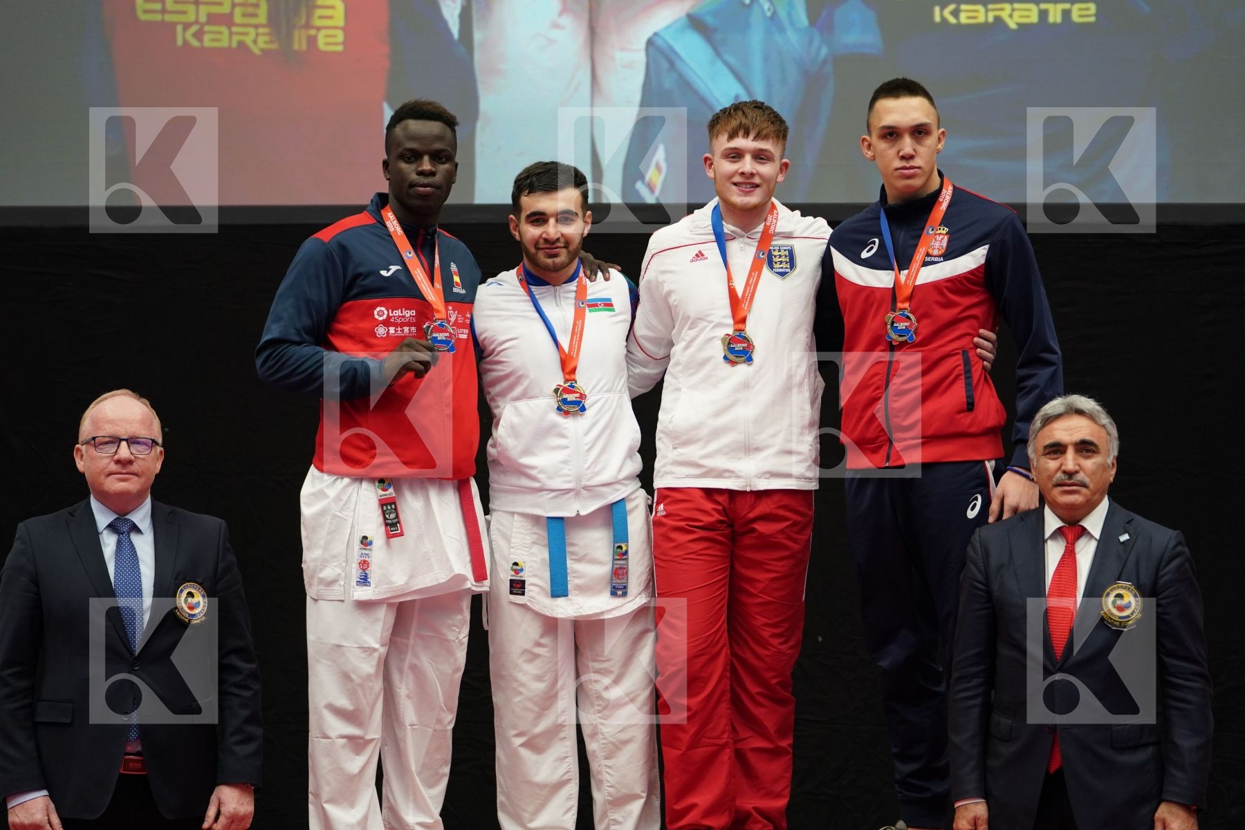 SECK SAKHO BABACAR (SPAIN), HAJIZADE MURAD (AZERBAIJAN), TESANOVIC DORDE (SERBIA), CARR BRANDON (ENGLAND) in Under 21 Kumite Male 84+ Kg - podium