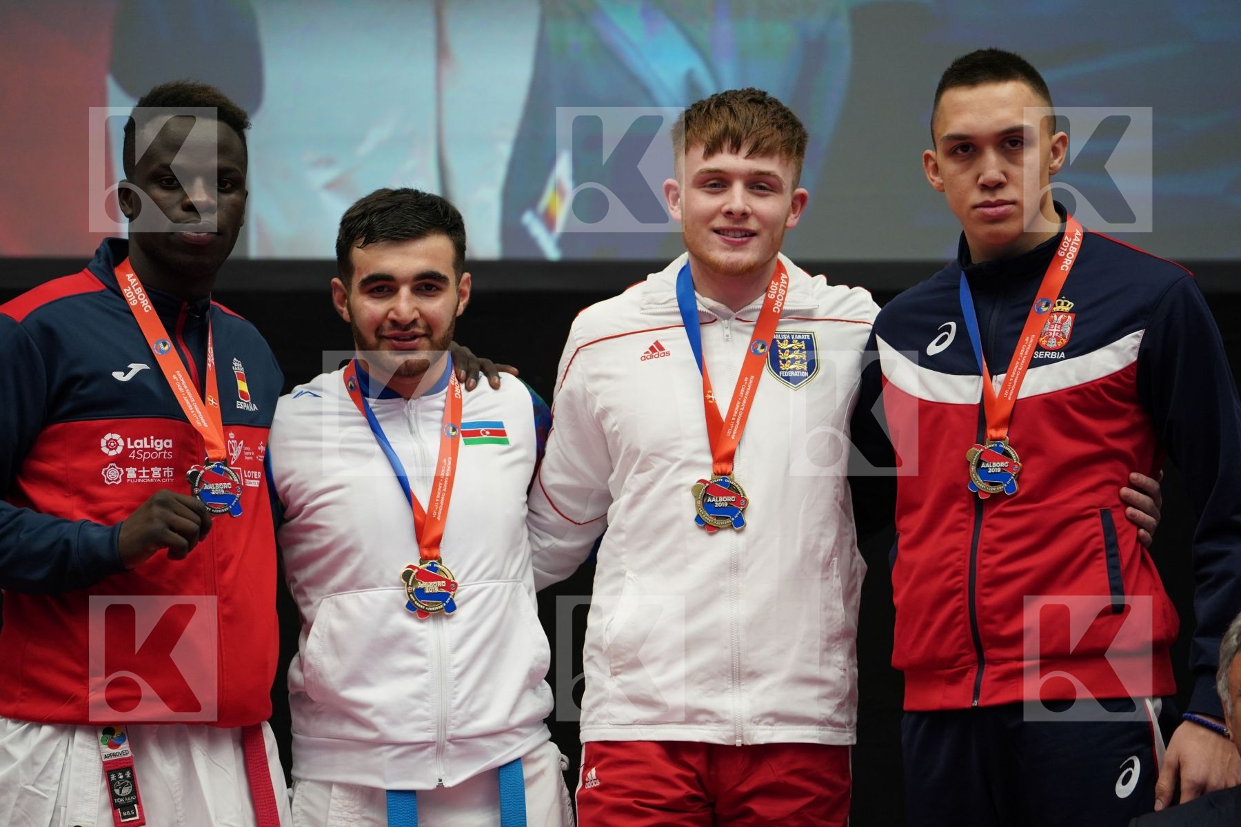 SECK SAKHO BABACAR (SPAIN), HAJIZADE MURAD (AZERBAIJAN), TESANOVIC DORDE (SERBIA), CARR BRANDON (ENGLAND) in Under 21 Kumite Male 84+ Kg - podium