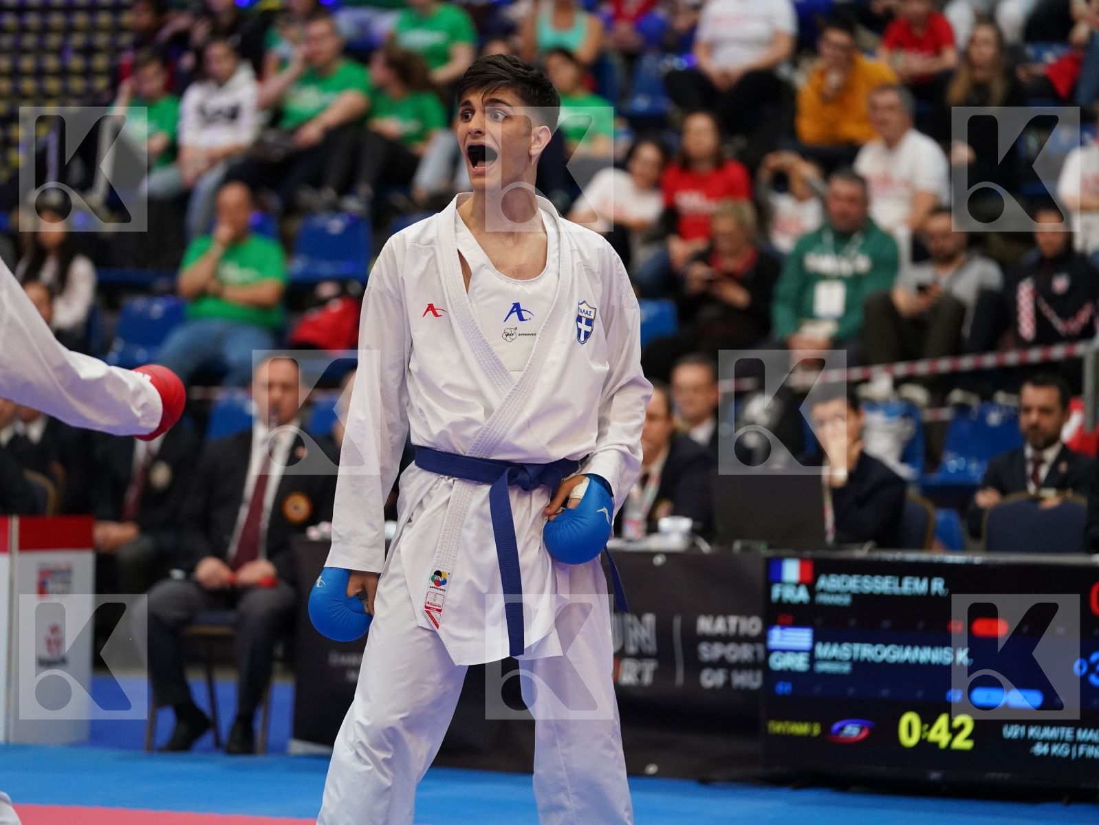 ABDESSELEM RAYBAK (FRANCE) vs MASTROGIANNIS KONSTANTINOS (GREECE) in Under 21 Kumite Male -84 Kg - Final bout