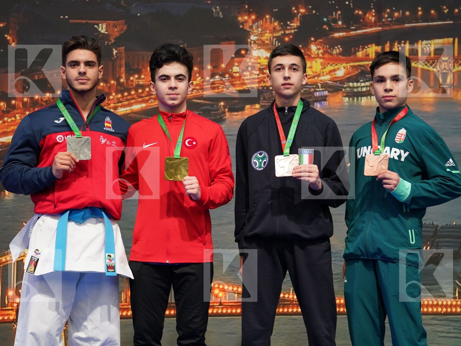 KAYNAR FURKAN (TURKEY), JIMENEZ DIAZ ALEJANDRO (SPAIN), GALEOTTI THOMAS (ITALY), BARDOS ADAM (HUNGARY) in Cadet Kata Male - Podium ceremony