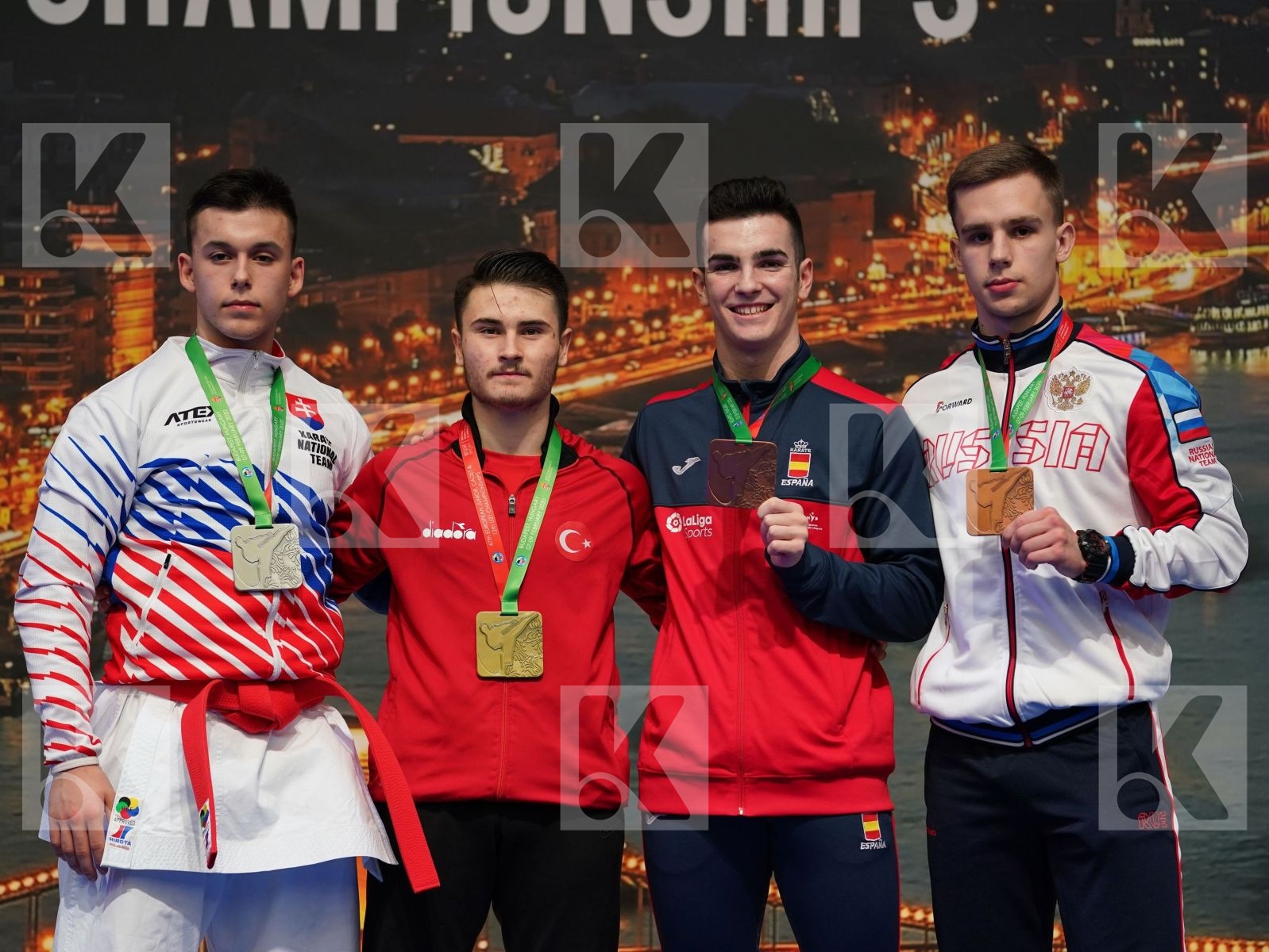OZDEMIR ENES (TURKEY), STELCL ADAM (SLOVAKIA), BRANTOV DANILA (RUSSIAN FEDERATION), GARCIA CUADRADO OSCAR (SPAIN) in Junior Kata Male - Podium ceremony