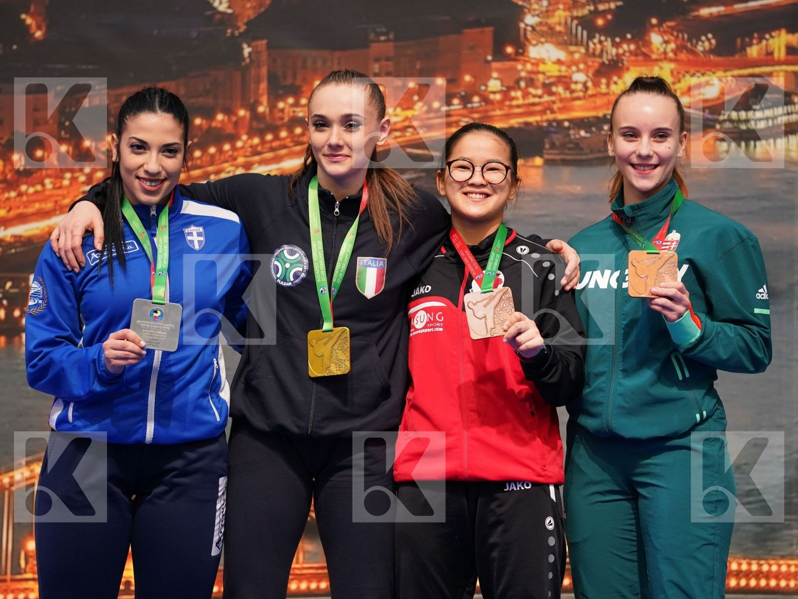 GALASSI MATILDE (ITALY), MOYSIDOU ANTONIA (GREECE), NOVO YOUNMI (BELGIUM), KISS ZSOFIA (HUNGARY) in Junior Kata Female - Podium ceremony