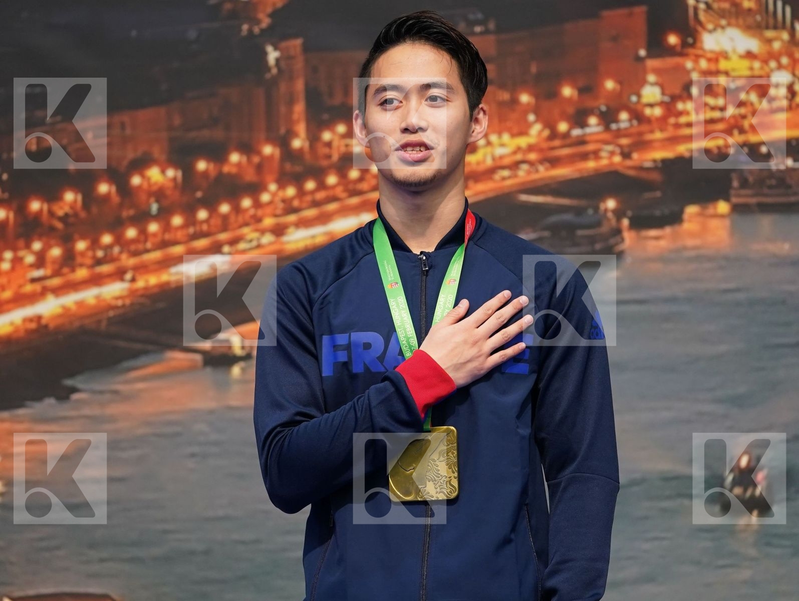 NGOAN FRANCK (FRANCE), MIJAC VLADIMIR (MONTENEGRO), SUTIAGIN KONSTANTIN (RUSSIAN FEDERATION), SMOLIGA JULIAN ENRIK (SLOVAKIA) in Under 21 Kata Male - Podium ceremony