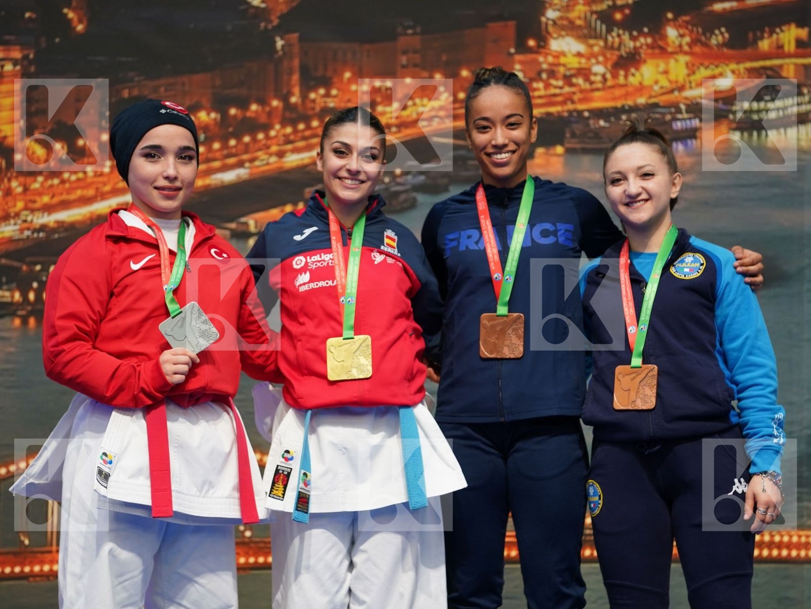 GARCIA LOZANO MARTA (SPAIN), COLAK KEYDA NUR (TURKEY), AMATO CAROLINA (ITALY), TAILY HELVETIA (FRANCE) in Under 21 Kata Female - Podium ceremony