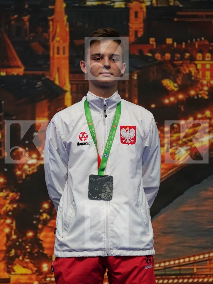 SAVADOV FARID (AZERBAIJAN), DZIUDA DOMINIK (POLAND), RAHOZENKO ERIK (UKRAINE), PONIAVA VALIKO (GEORGIA) in Cadet Kumite Male -57 Kg - Podium ceremony