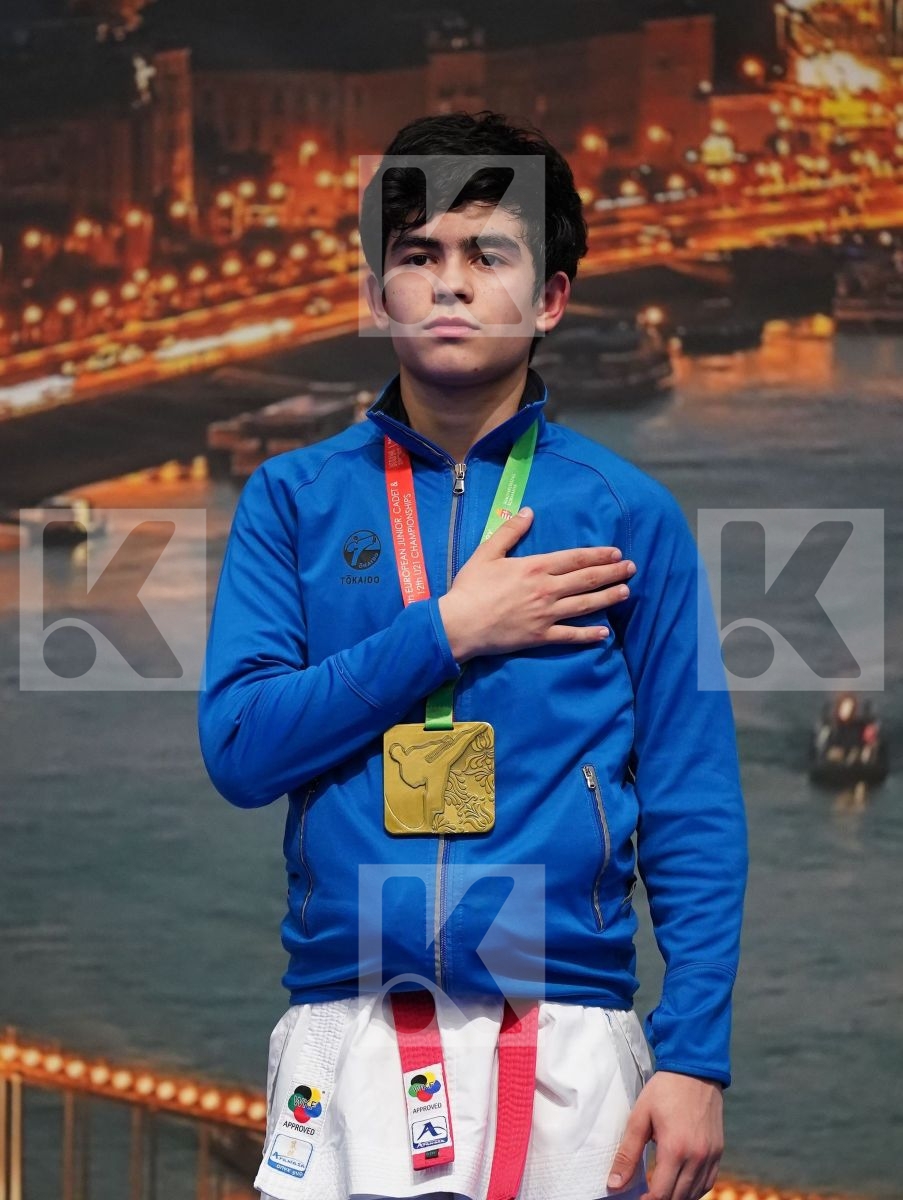 SAVADOV FARID (AZERBAIJAN), DZIUDA DOMINIK (POLAND), RAHOZENKO ERIK (UKRAINE), PONIAVA VALIKO (GEORGIA) in Cadet Kumite Male -57 Kg - Podium ceremony