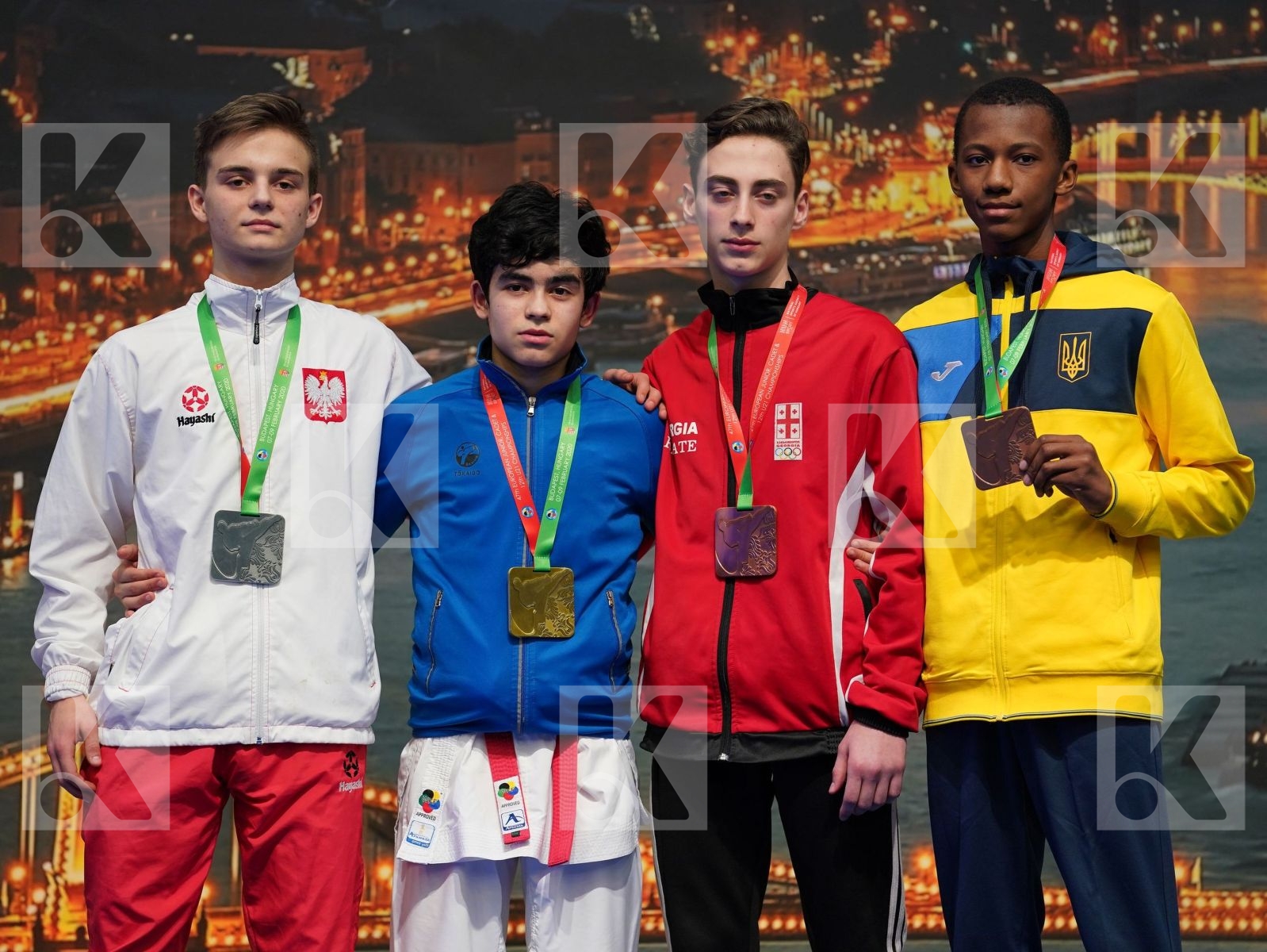 SAVADOV FARID (AZERBAIJAN), DZIUDA DOMINIK (POLAND), RAHOZENKO ERIK (UKRAINE), PONIAVA VALIKO (GEORGIA) in Cadet Kumite Male -57 Kg - Podium ceremony