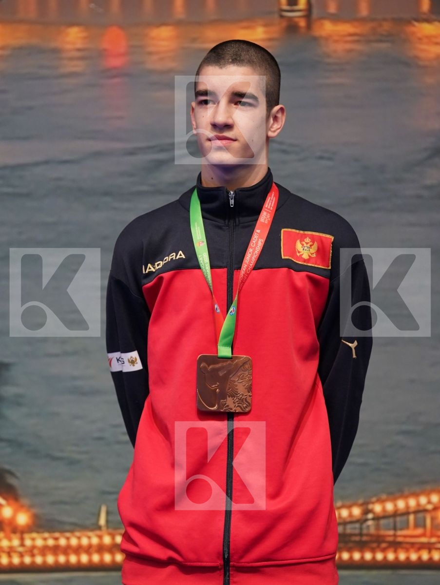 VERAS LUAN (ENGLAND), MUHAMADEEV LEV (RUSSIAN FEDERATION), DANILOVIC ANDRIJA (MONTENEGRO), SHOTTE CABELLO ZSAMORAN (SPAIN) in Cadet Kumite Male -63 Kg - Podium ceremony