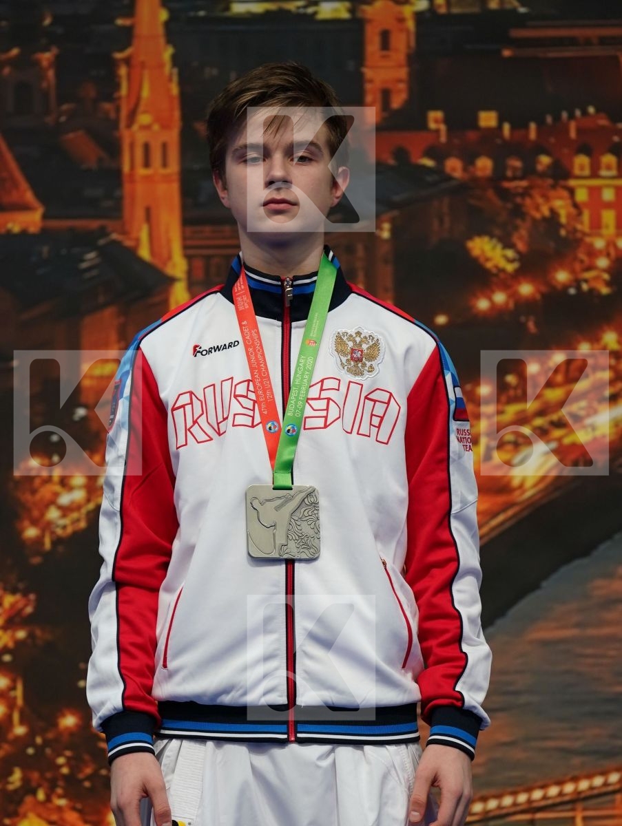 VERAS LUAN (ENGLAND), MUHAMADEEV LEV (RUSSIAN FEDERATION), DANILOVIC ANDRIJA (MONTENEGRO), SHOTTE CABELLO ZSAMORAN (SPAIN) in Cadet Kumite Male -63 Kg - Podium ceremony