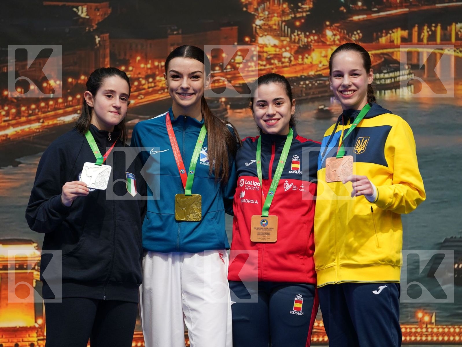 FITAL KORI (SCOTLAND), MARTURANO IRENE (ITALY), LOBATO SANCHEZ IONA (SPAIN), FOHLINSKA VIRA (UKRAINE) in Cadet Kumite Female -54 Kg - Podium ceremony