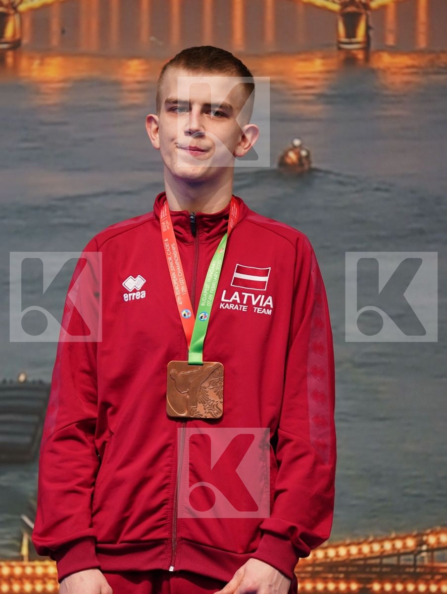 GASPARIAN EDUARD (RUSSIAN FEDERATION), KESELAK DOMINIK (SLOVAKIA), DISLE GVIDAS (LITHUANIA), JERMOLAEV ARTJOM (LATVIA) in Cadet Kumite Male -70 Kg - Podium ceremony
