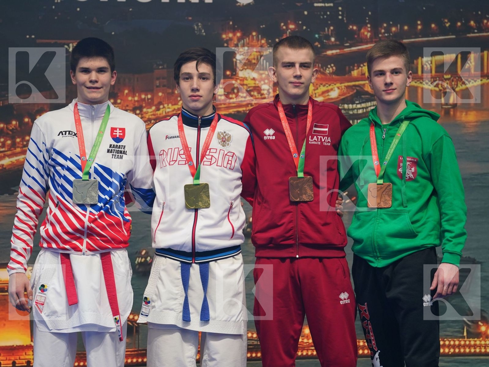 GASPARIAN EDUARD (RUSSIAN FEDERATION), KESELAK DOMINIK (SLOVAKIA), DISLE GVIDAS (LITHUANIA), JERMOLAEV ARTJOM (LATVIA) in Cadet Kumite Male -70 Kg - Podium ceremony