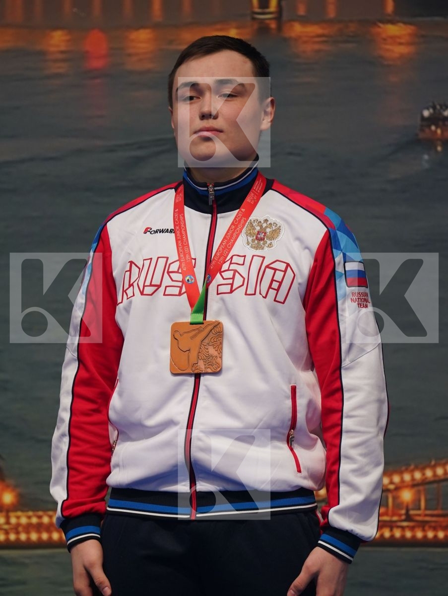 MOISE LEONARD (ROMANIA), ELIAS MARTIN (CZECH REPUBLIC), VASILIC MIHAJLO (SERBIA), KOKOVUROV KONSTANTIN (RUSSIAN FEDERATION) in Cadet Kumite Male 70+ Kg - Podium ceremony