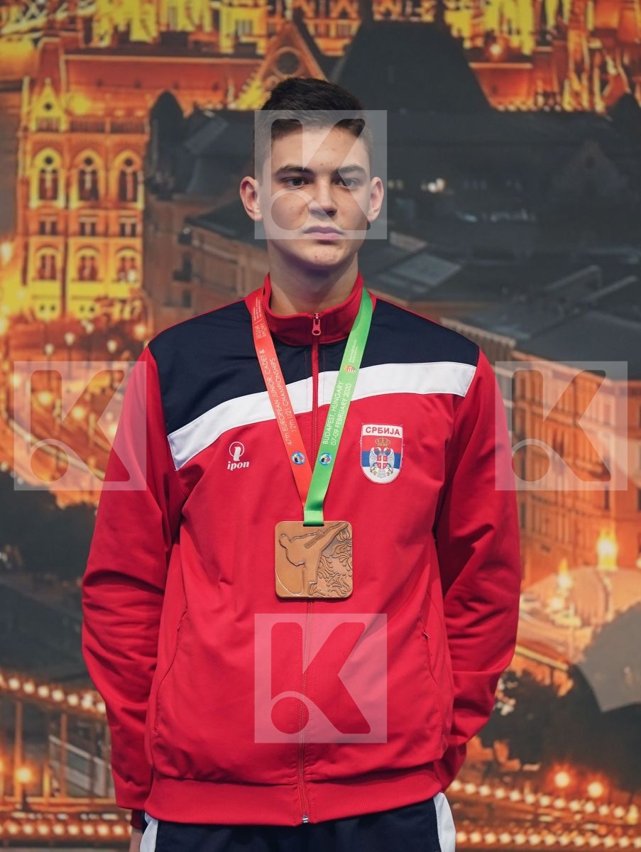 MOISE LEONARD (ROMANIA), ELIAS MARTIN (CZECH REPUBLIC), VASILIC MIHAJLO (SERBIA), KOKOVUROV KONSTANTIN (RUSSIAN FEDERATION) in Cadet Kumite Male 70+ Kg - Podium ceremony