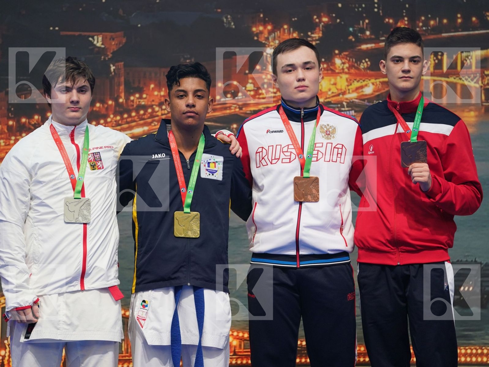 MOISE LEONARD (ROMANIA), ELIAS MARTIN (CZECH REPUBLIC), VASILIC MIHAJLO (SERBIA), KOKOVUROV KONSTANTIN (RUSSIAN FEDERATION) in Cadet Kumite Male 70+ Kg - Podium ceremony