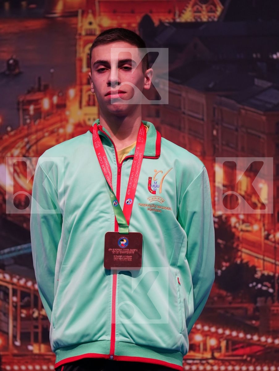 HUSEYNOV SULTAN (AZERBAIJAN), TAMSE NIKLAS (SLOVENIA), PAULA GABRIEL (PORTUGAL), KOSTOV BOJAN (NORTH MACEDONIA) in Junior Kumite Male -55 Kg - Podium ceremony