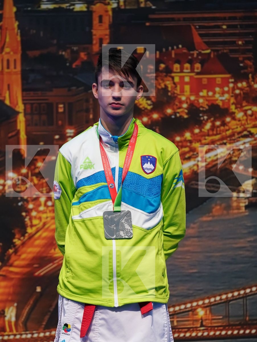 HUSEYNOV SULTAN (AZERBAIJAN), TAMSE NIKLAS (SLOVENIA), PAULA GABRIEL (PORTUGAL), KOSTOV BOJAN (NORTH MACEDONIA) in Junior Kumite Male -55 Kg - Podium ceremony
