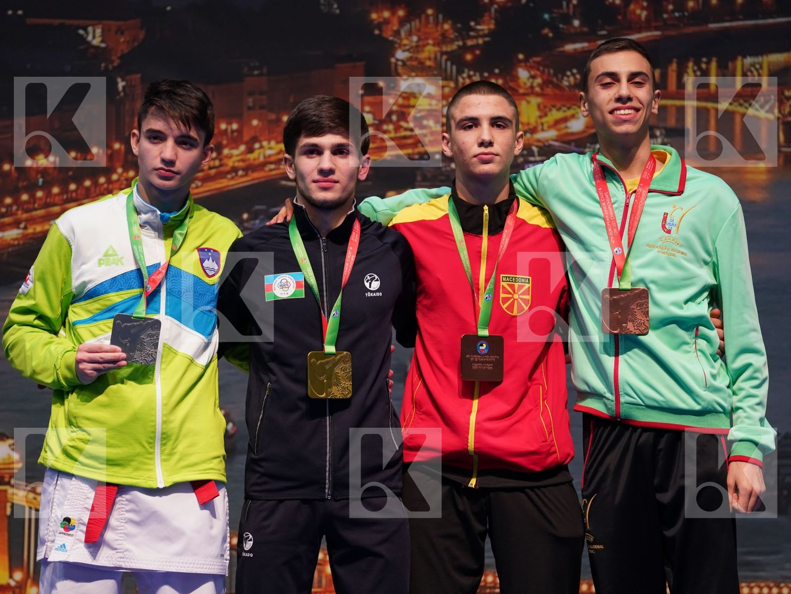 HUSEYNOV SULTAN (AZERBAIJAN), TAMSE NIKLAS (SLOVENIA), PAULA GABRIEL (PORTUGAL), KOSTOV BOJAN (NORTH MACEDONIA) in Junior Kumite Male -55 Kg - Podium ceremony