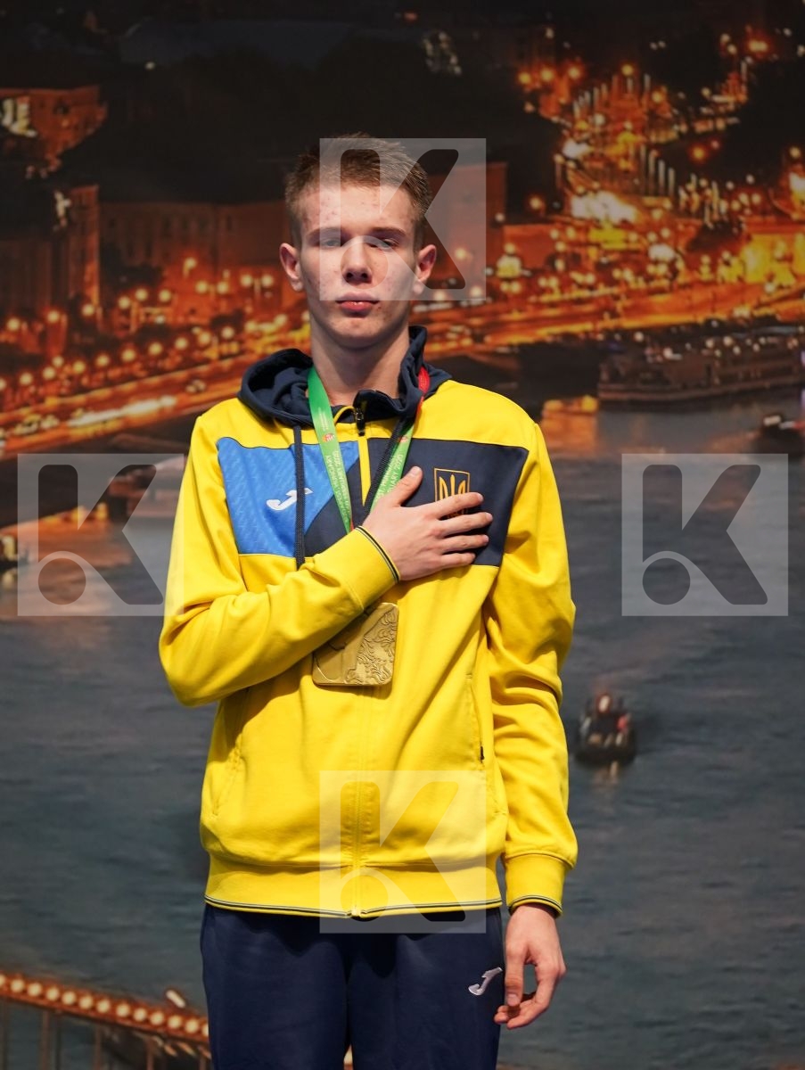 HOTSULIAK OLEKSII (UKRAINE), GARI RYAN (FRANCE), GULIYEV AMINAGHA (AZERBAIJAN), AKHMEDOV AKHMED (RUSSIAN FEDERATION) in Junior Kumite Male -61 Kg - Podium ceremony